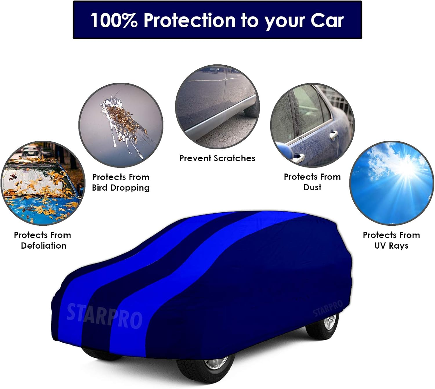 SHIVRAT Presents All Weather Water Resistant and U/V Rays Protection Car Body Cover Compatible with Force One Variants (Royal Blue Stripes without Mirror) image number 6