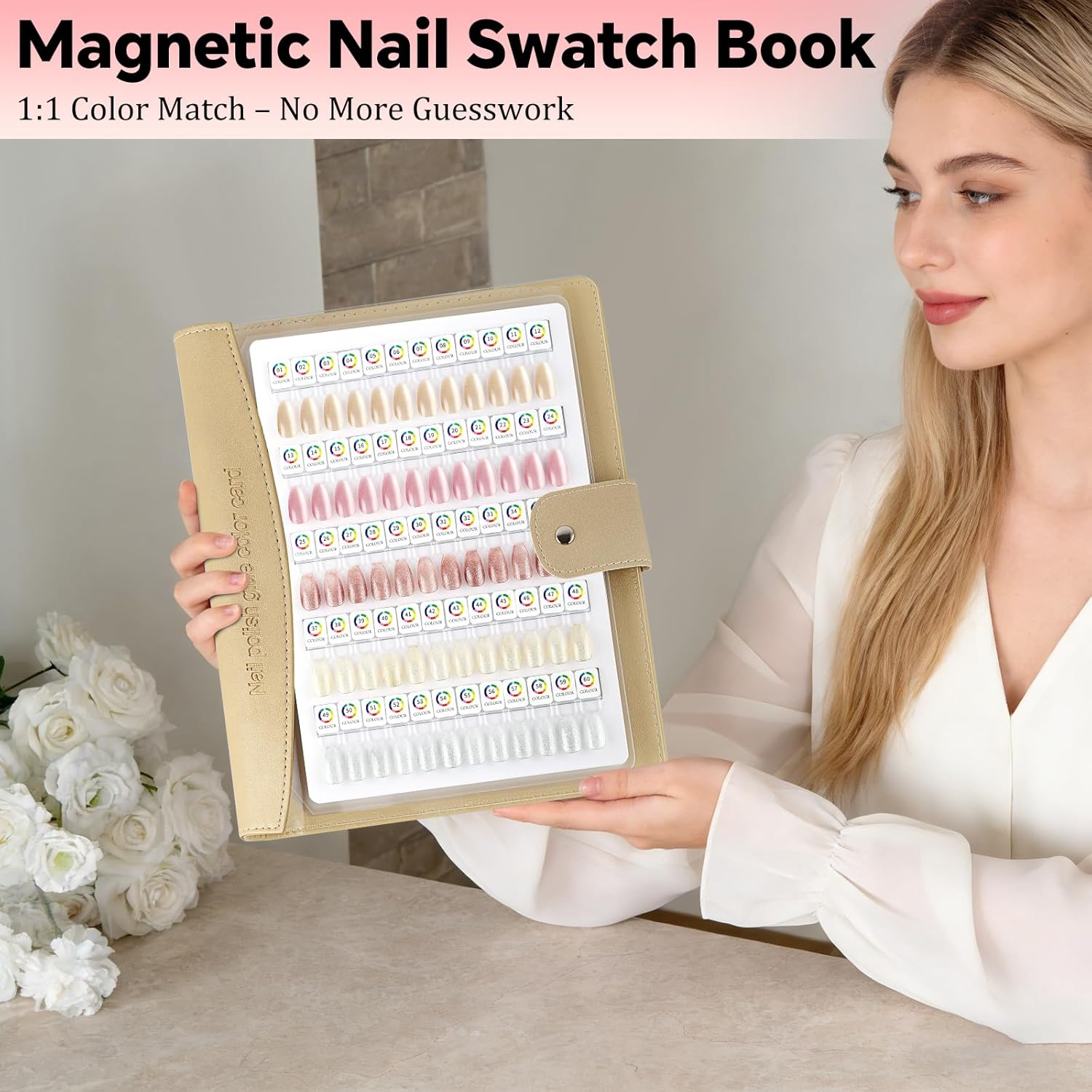60 Magnetic Nail Swatch Book,Leather Nail Color Display Book with 72 Magnetic Tips & Number Labels,Professional Removable Page Design Nail Salon Color Book for Easy Preview & Storage Gold image number 1