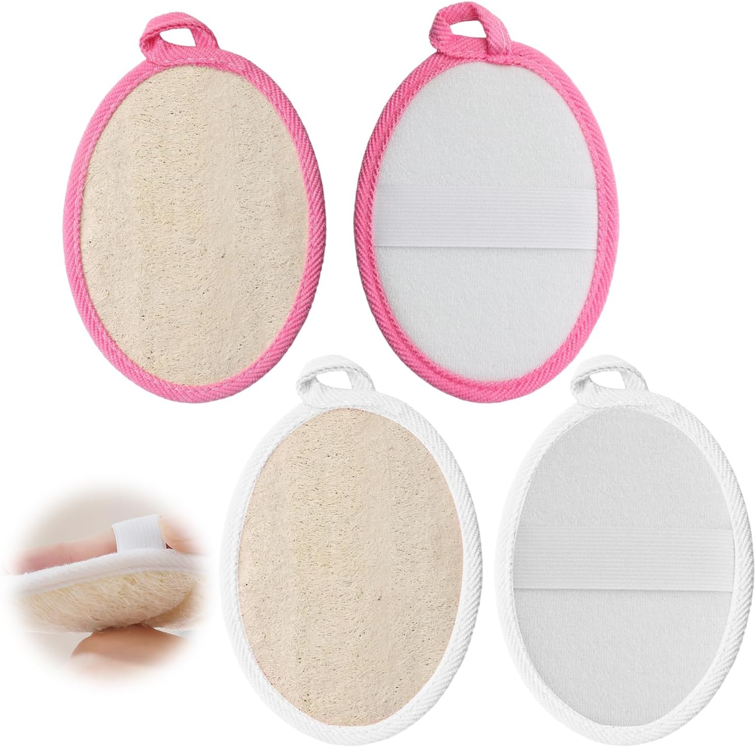Shingidea 4 Pcs Natural Loofah Sponge Body Scrubbers 11X15Cm with Hanging Rope,Exfoliating Shower Loofah for Women and Men,2 White and 2 Pink Bath Sponges for Daily Skin Exfoliation and Cleansing image number 4