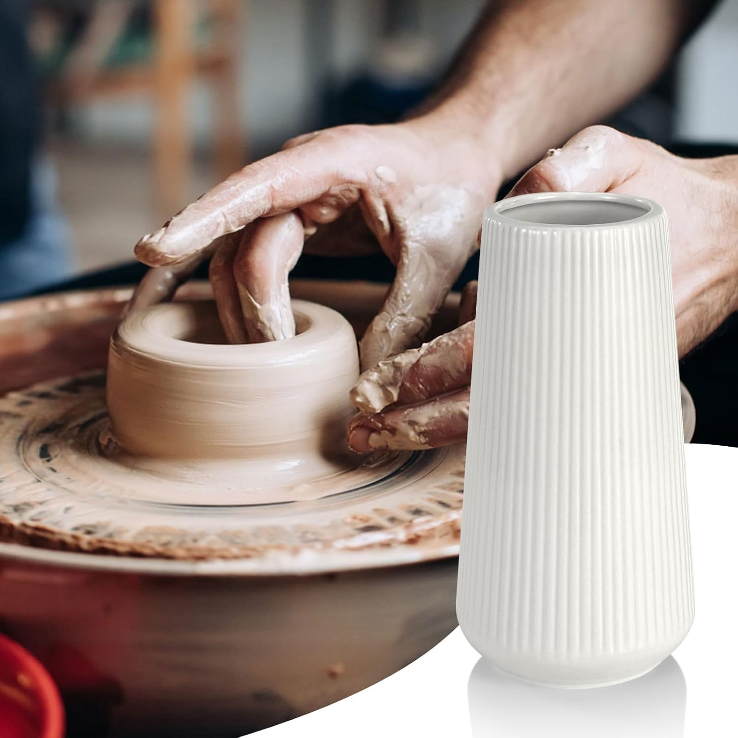 White Ceramic Vase, IGGUCEA Small Cute Flower Vase for Pampas Grass, Home, Living Room, Dining Table, Farmhouse, Office Decor, Bedroom, Table, and Kitchen Shelf - White image number 2