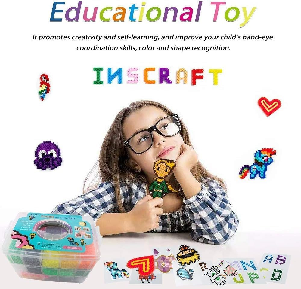 25,000 Pcs Fuse Beads Kit 26 Colors 5MM, Including 127 Patterns, 4 Big Square, 1 Heart Pegboards, 1 Flower Ironing Paper, Tweezers, Beads Compatible by INSCRAFT image number 4