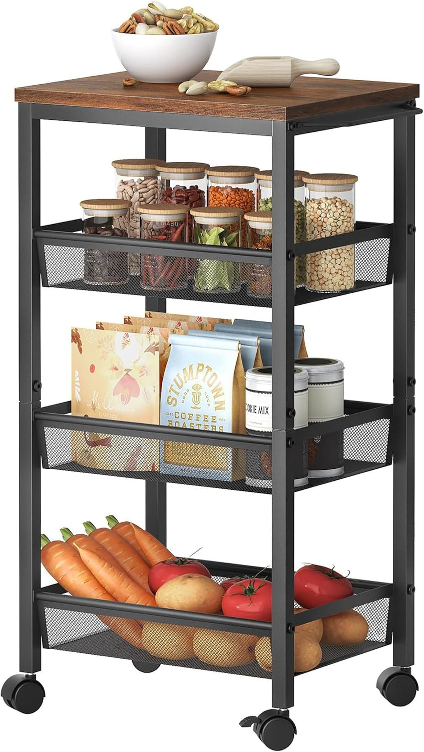 Relaxdays Niche Trolley, H X W X D: 77 X 13 X 45 Cm, Narrow Recess Shelf Bathroom & Kitchen, 4 Levels, Metal Rolling Shelf, Brown/Black