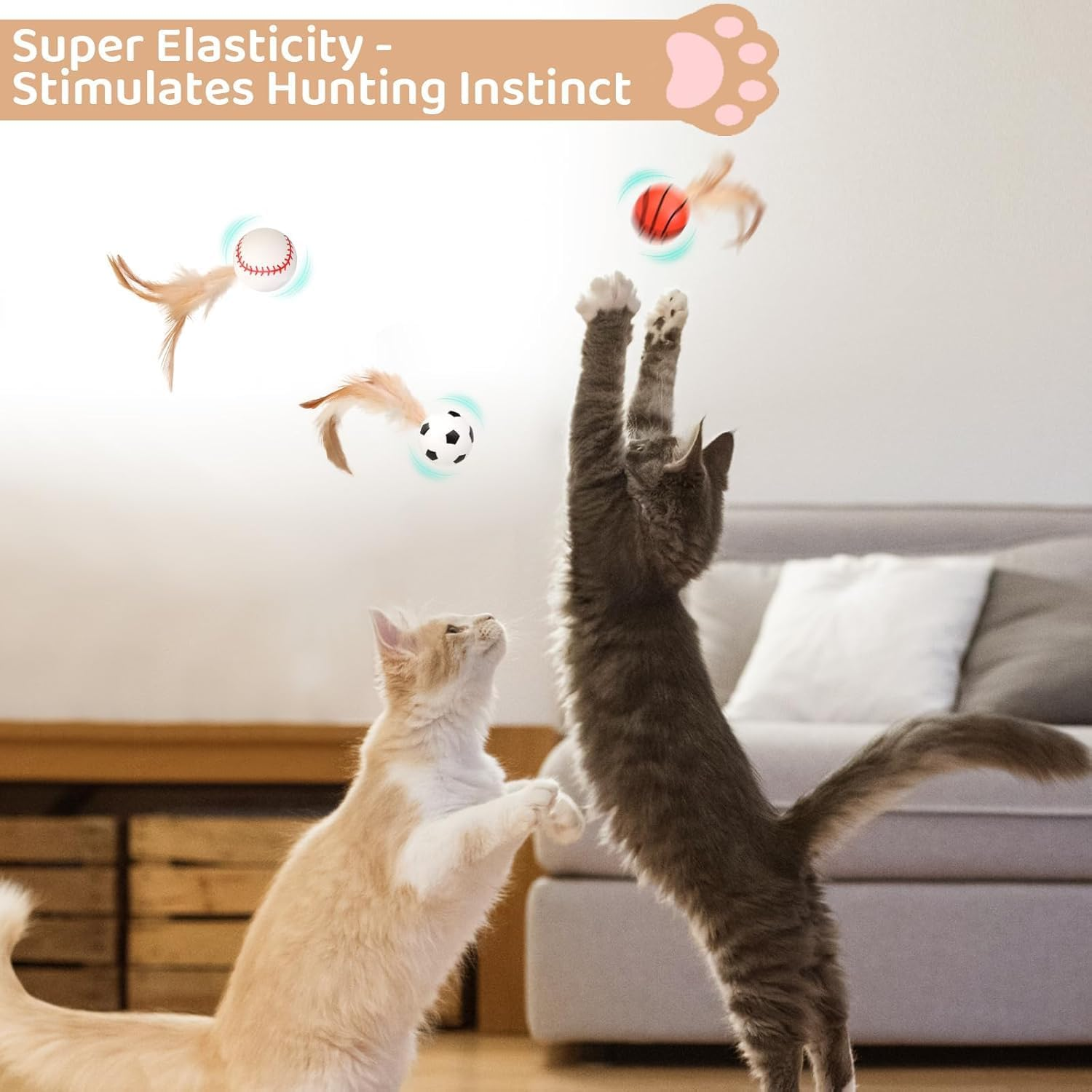 6PCS Interactive Feather Ball Toy for Cats, New Cat Bouncy Ball with Feather Tails, Elastic Cat Toy Balls Silicone Rolling for Indoor, Rolling Balls for Cats Playing Exercise image number 5