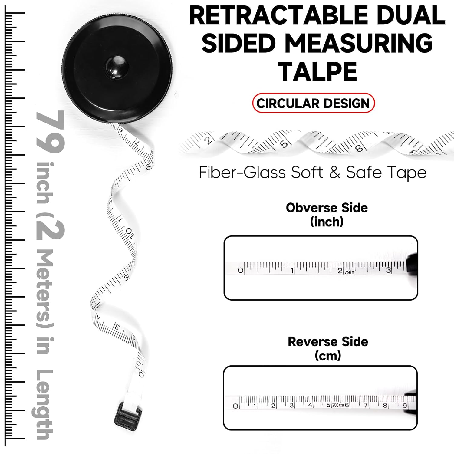 1 Pack Soft Tape Measure Retractable Measuring for Body Fabric Sewing Tailor,Black Sewing Tape Measures,Small Push Buttondouble Scales Rulers 79-Inch 2 Meter(Black White) image number 4