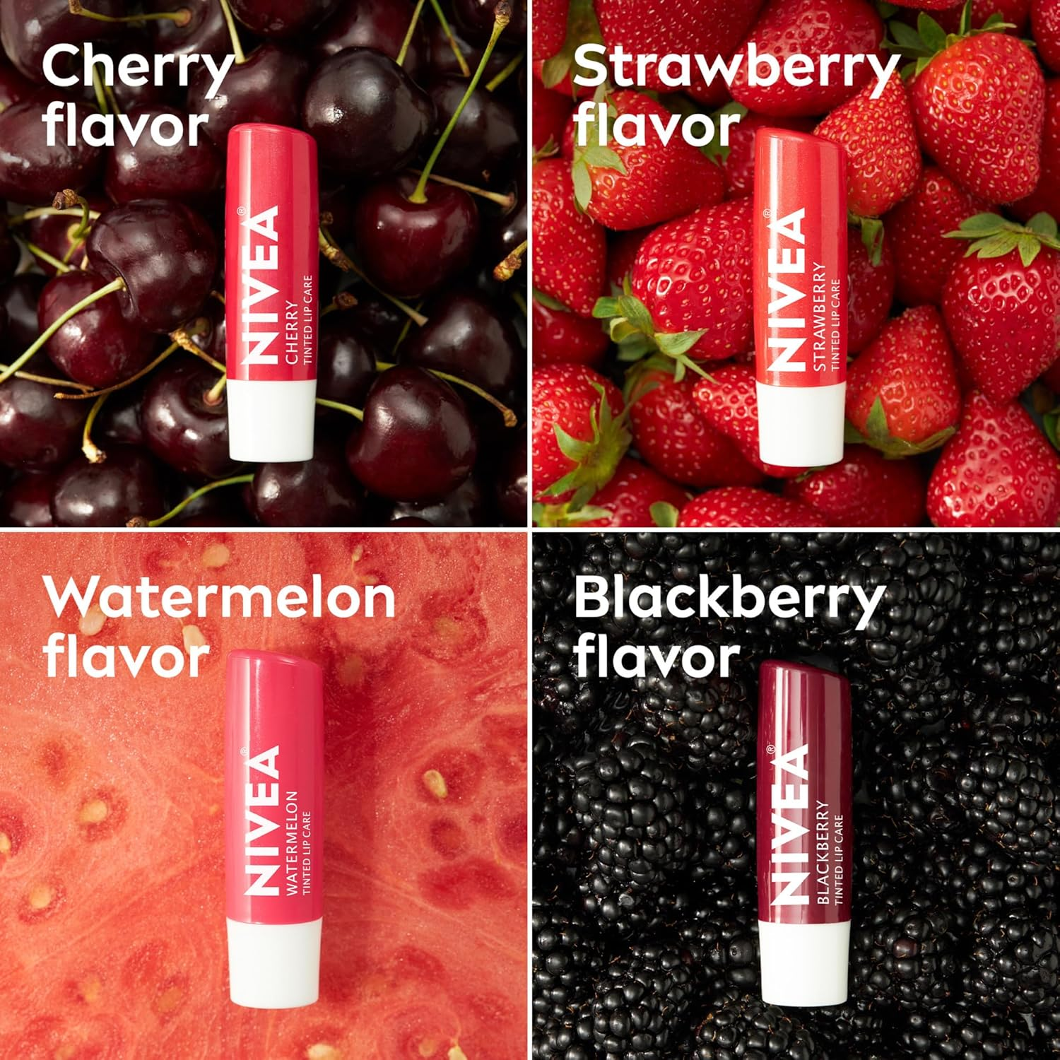 NIVEA Lip Care, Fruity Tinted Lip Balm Variety Pack, Cherry, Strawberry, Blackberry and Watermelon Flavors, 3-In-1 Moisture, Repair and Color, 0.17 Oz Stick, Pack of 4 image number 5