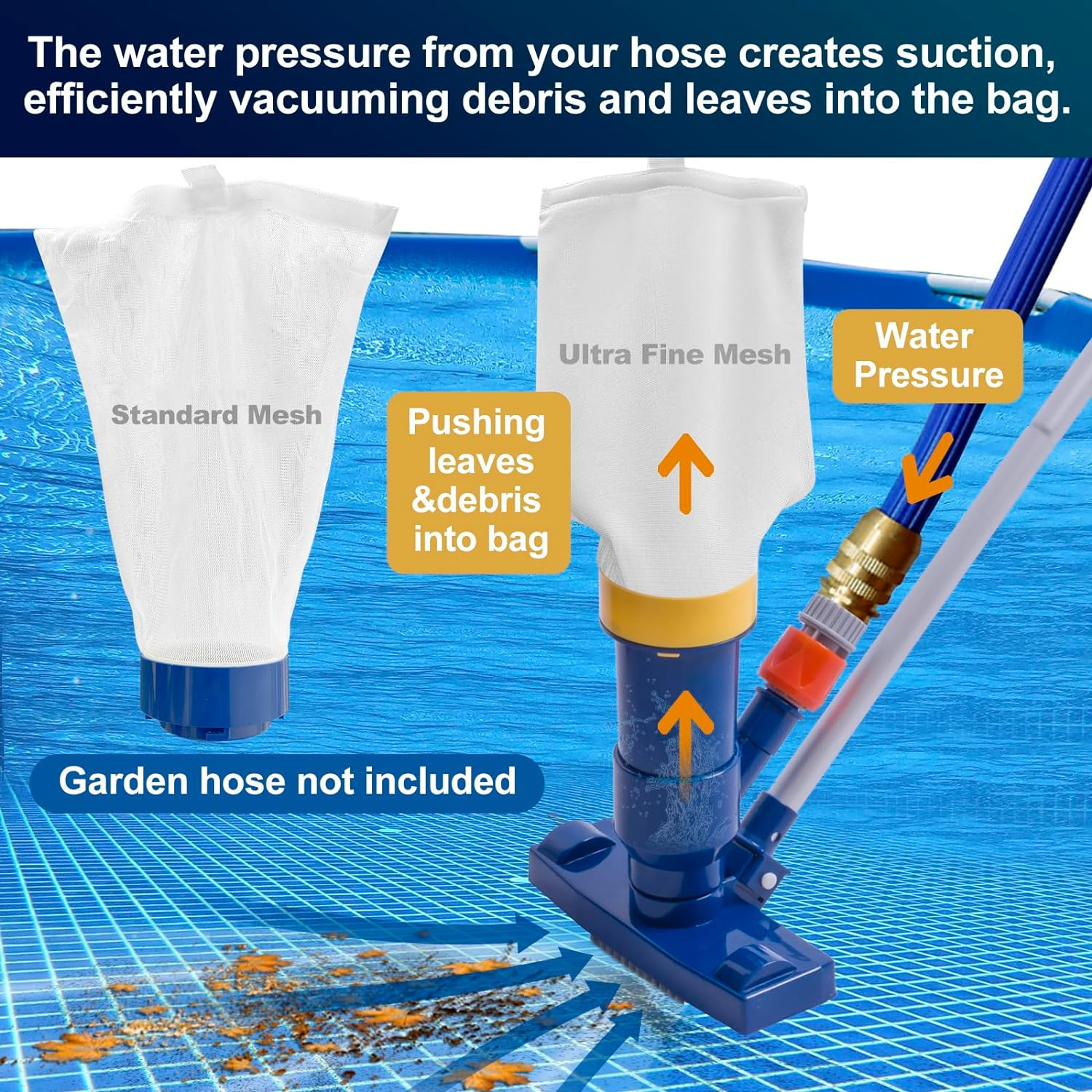 POOLAZA Portable Pool Vacuum Jet Underwater Cleaner (2024 Upgrade)With Fine Mesh Bag& 56" Pole, Handheld Jet Pool Vacuum for above Ground Pool, Underwater Spa Pool Vacuum Cleaner Attach to Garden Hose image number 5