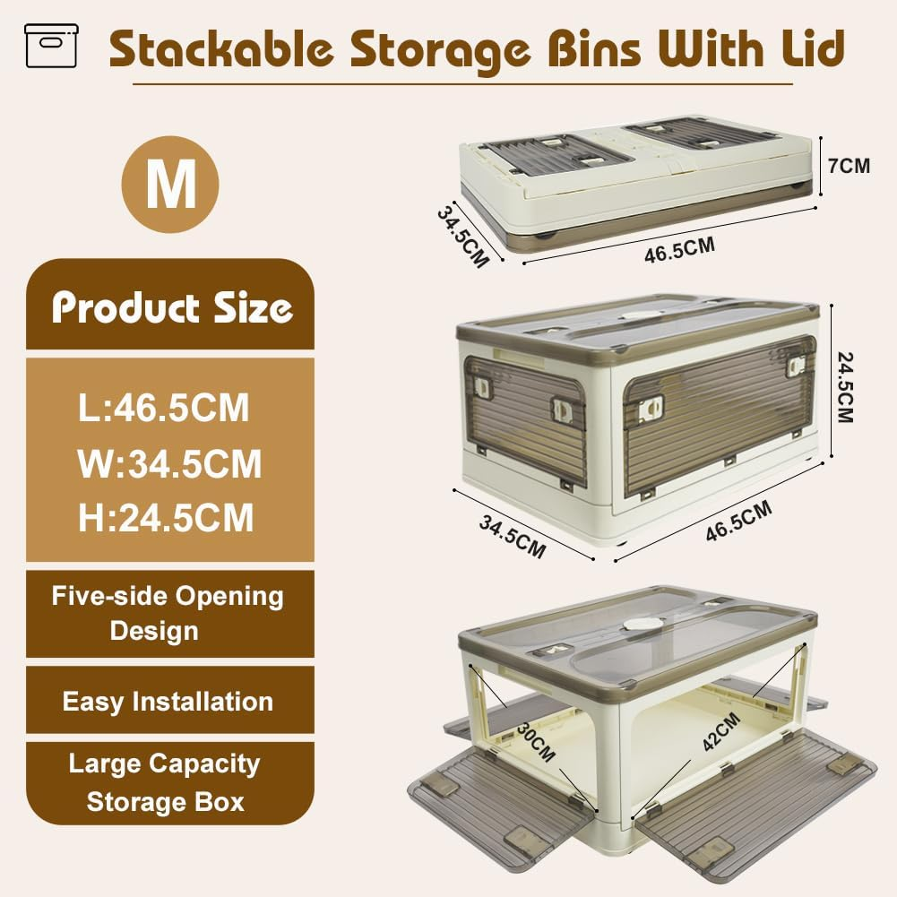 3 Pack Collapsible Storage Bins with Lids, 40L Stackable Storage Bins for Closet Organizers Plastic Clothes Organiser Container with Wheels Book Organizer for Home Office Dorm image number 1