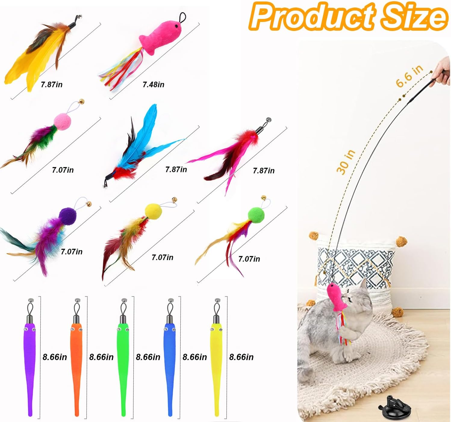 15 Pcs Cat Toys, Interactive Cat Toy, Cat Toys for Indoor Cats, 2 Upgraded Self-Holding Power Suction Cup Bases & Removable Teaser Cat Wand Sticks, 15 Replacement Kitten Toys with Bells. - 10Pcs image number 4