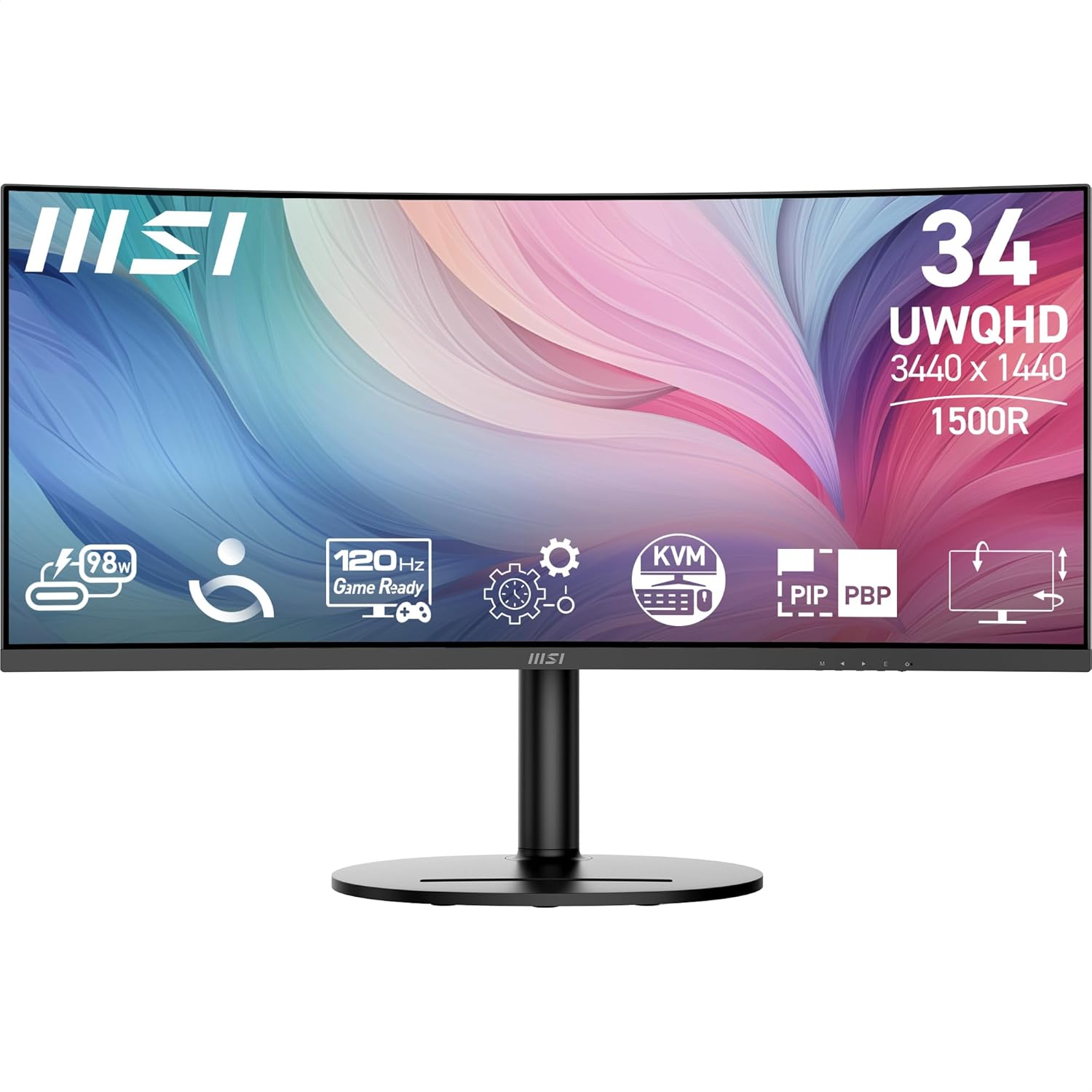 MSI Modern MD342CQP 34" Ultrawide USB-C 98W PD Height Adjustable Curved Professional Monitor, WUQHD 3440X1440, VA, Frameless, 120Hz, 1Ms, 2Xhdmi&Dp Port, KVM, USB Hub 2A1B, Speakers, VESA, Black image number 5