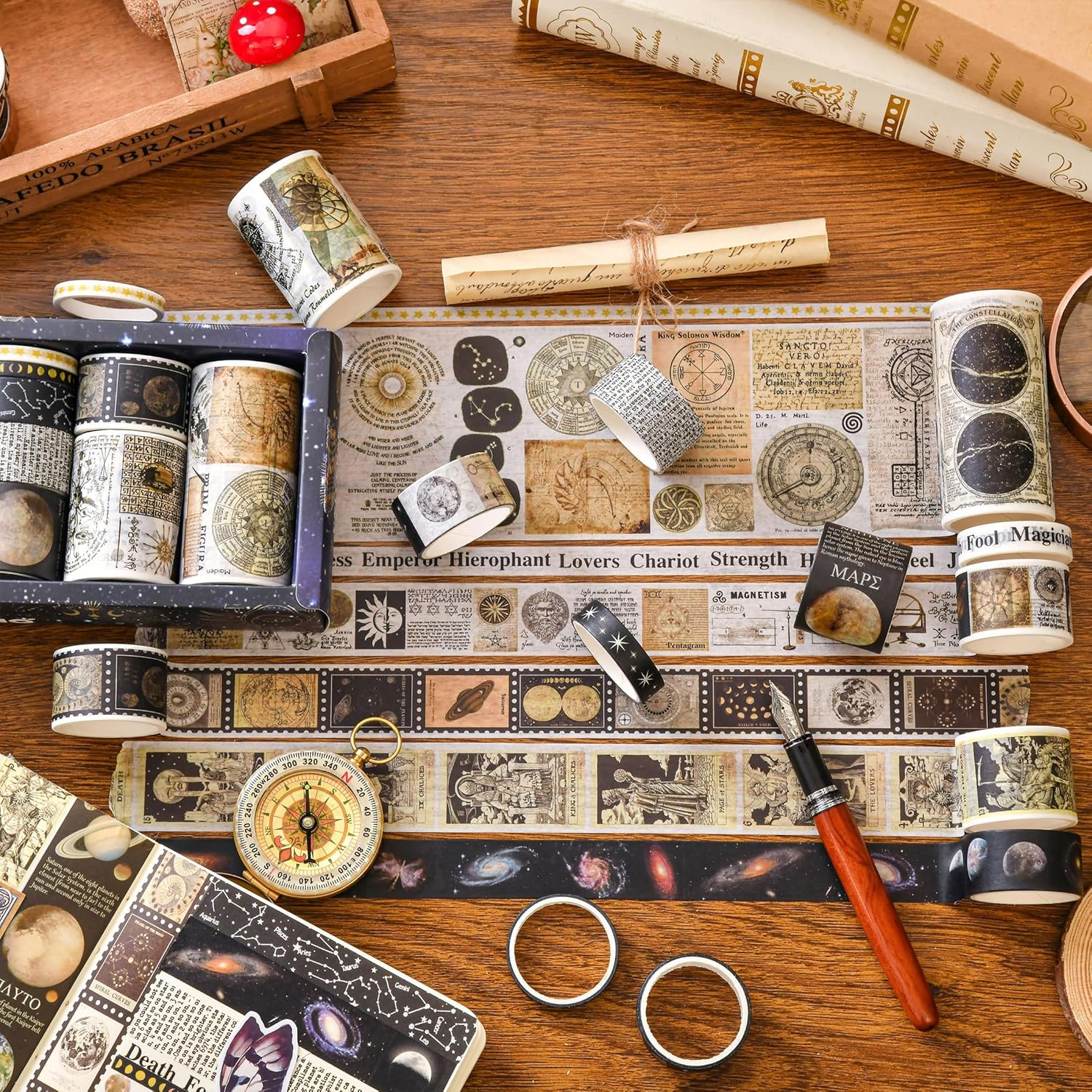 KAVI' S 18 Rolls Vintage Washi Tape Pack Retro Arts Adhesive Tapes Wide Monologue Decorative Masking Tape Sets for Craft, Kids, Scrapbook, DIY, Gift Wrapping (Universe Milky Way) image number 3