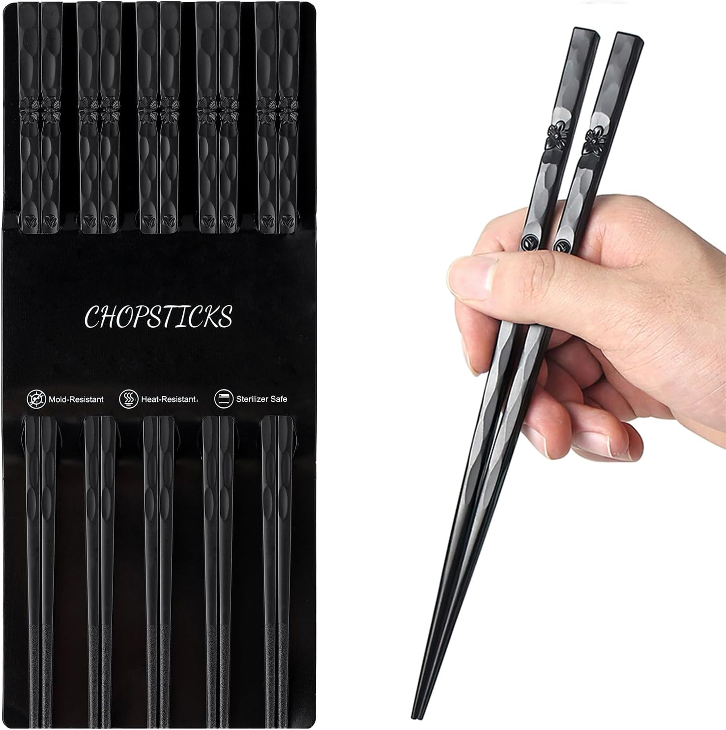 Tiokin 5 Pair of Fiberglass Reusable Chopsticks Lightweight Non-Slip Chopstick ,Japanese Style Chop Sticks Set ,Healthy and Durable Dishwasher Safe(Black)