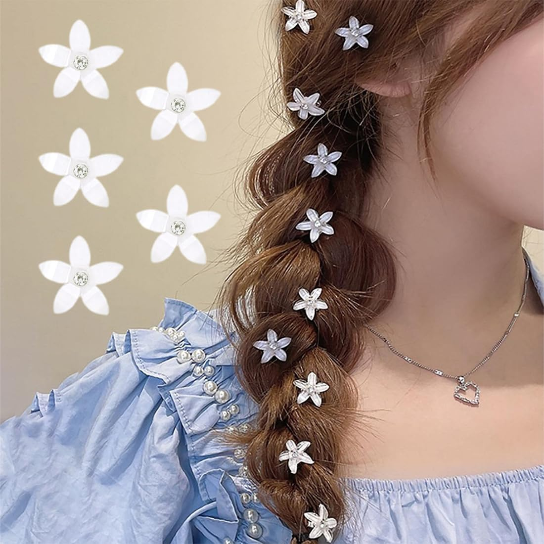 WUSJCOF White Flower Hair Clips Pack of 10 - Hair Accessories Wedding & Communion for Girls, Mini Hair Clips with Rhinestones, Decorative Hair Clip for Bridal Hairstyles image number 4