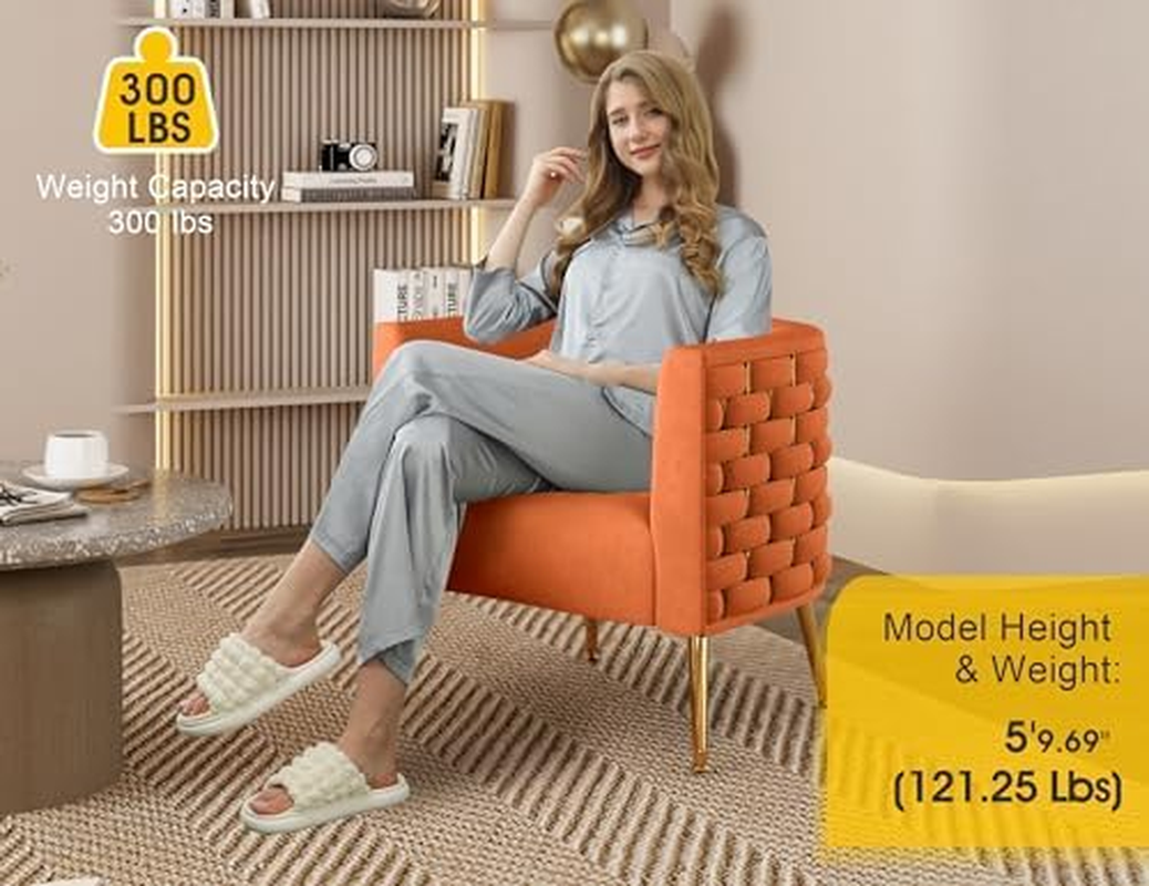 Modern Velvet Barrel Accent Chair, Comfy Wide Handmade Woven Bucket Arm Chair, Fluffy Tufted Upholstered Single Sofa Chair for Living Room, Bedroom, Office, Waiting Room(Orange) image number 1