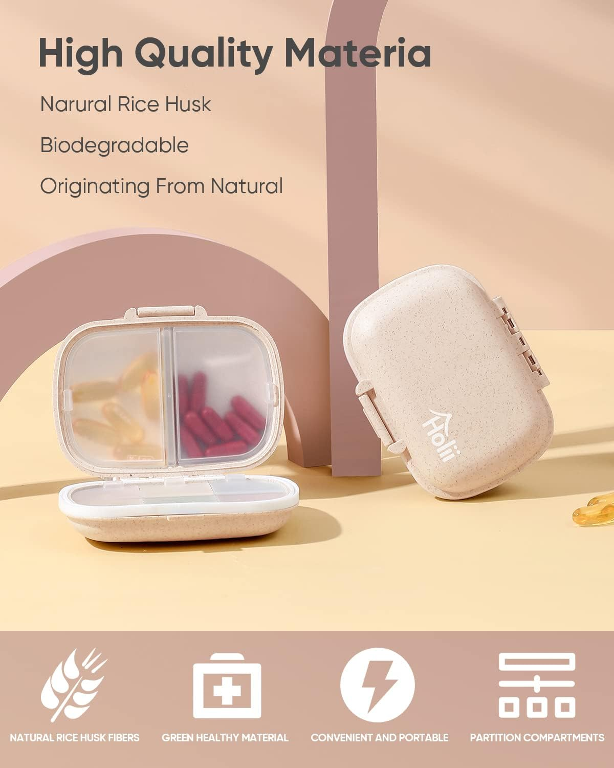 Daily Pill Organizer, 8 Compartments Portable Pill Case, Pill Box to Hold Vitamins, Cod Liver Oil, Supplements and Medication (3-Khaki)