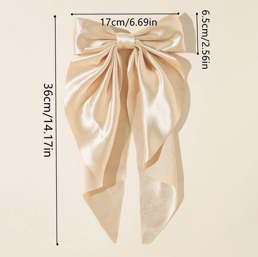 LERTREEUK Large Bow French Style Plain Knotted Hair Clips with Long Ribbon for Women and Girls (Champagne+Brown) 2 Pieces image number 1