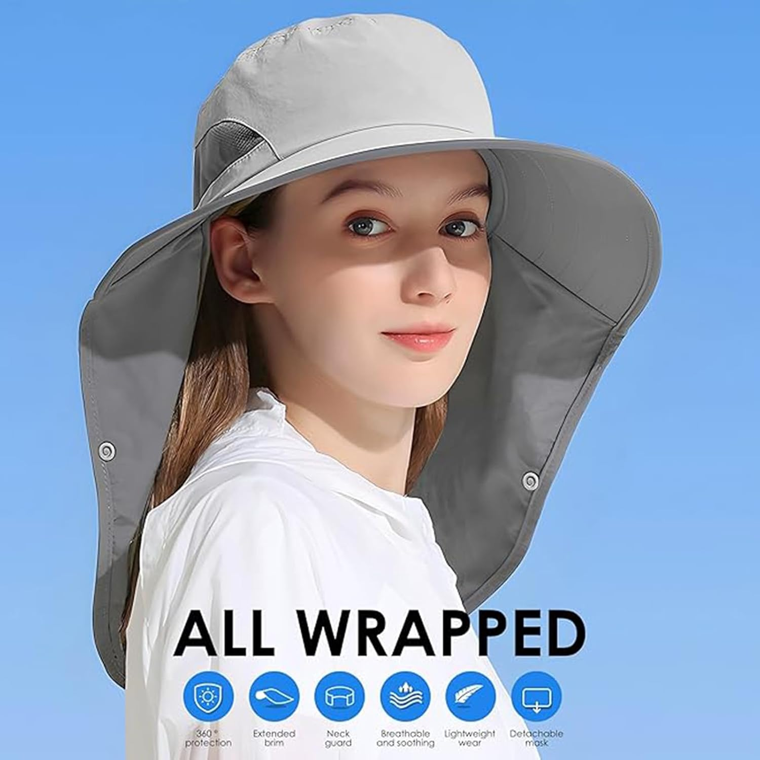 Outdoor Sun Hat Detachable Neck Face Flap UPF 50+UV Protection Visor Fishing Hats with Neck Flap for Men & Women Light Gray image number 4