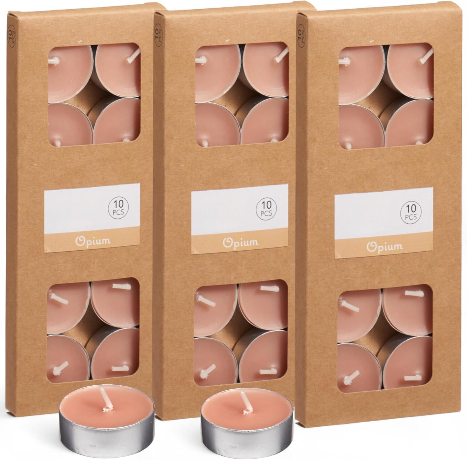 MIJOMA Coloured Tea Lights Pack of 30 - Set of 3 Packs - 4 Hours Burn Time Each - Decorative Candles in Kraft Box - Mood Light for Home & Events (Sand)