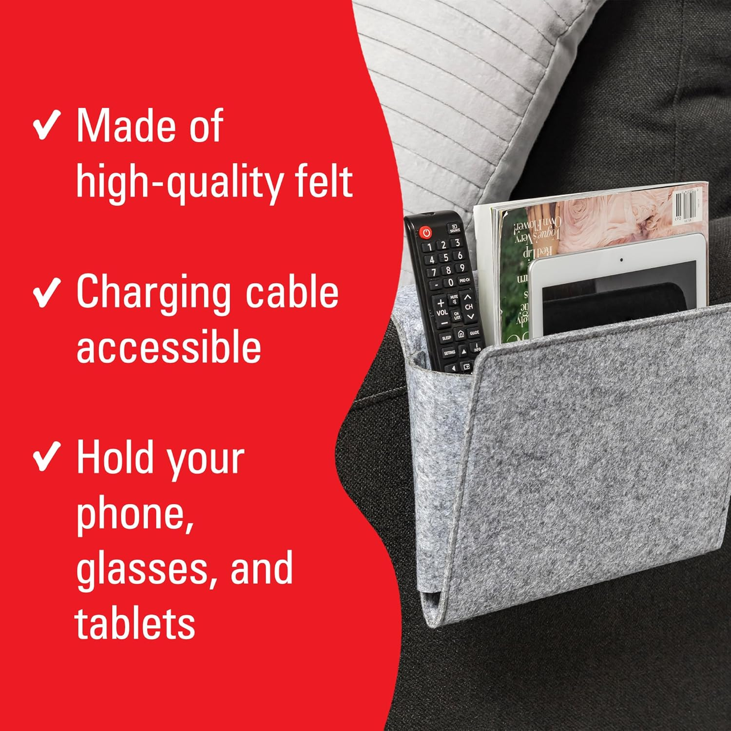 Kikkerland Couch Caddy | Remote & Ipad Holder | Storage Organiser & Hanging Storage for Sofa | Magazine & Tablet Holder image number 4