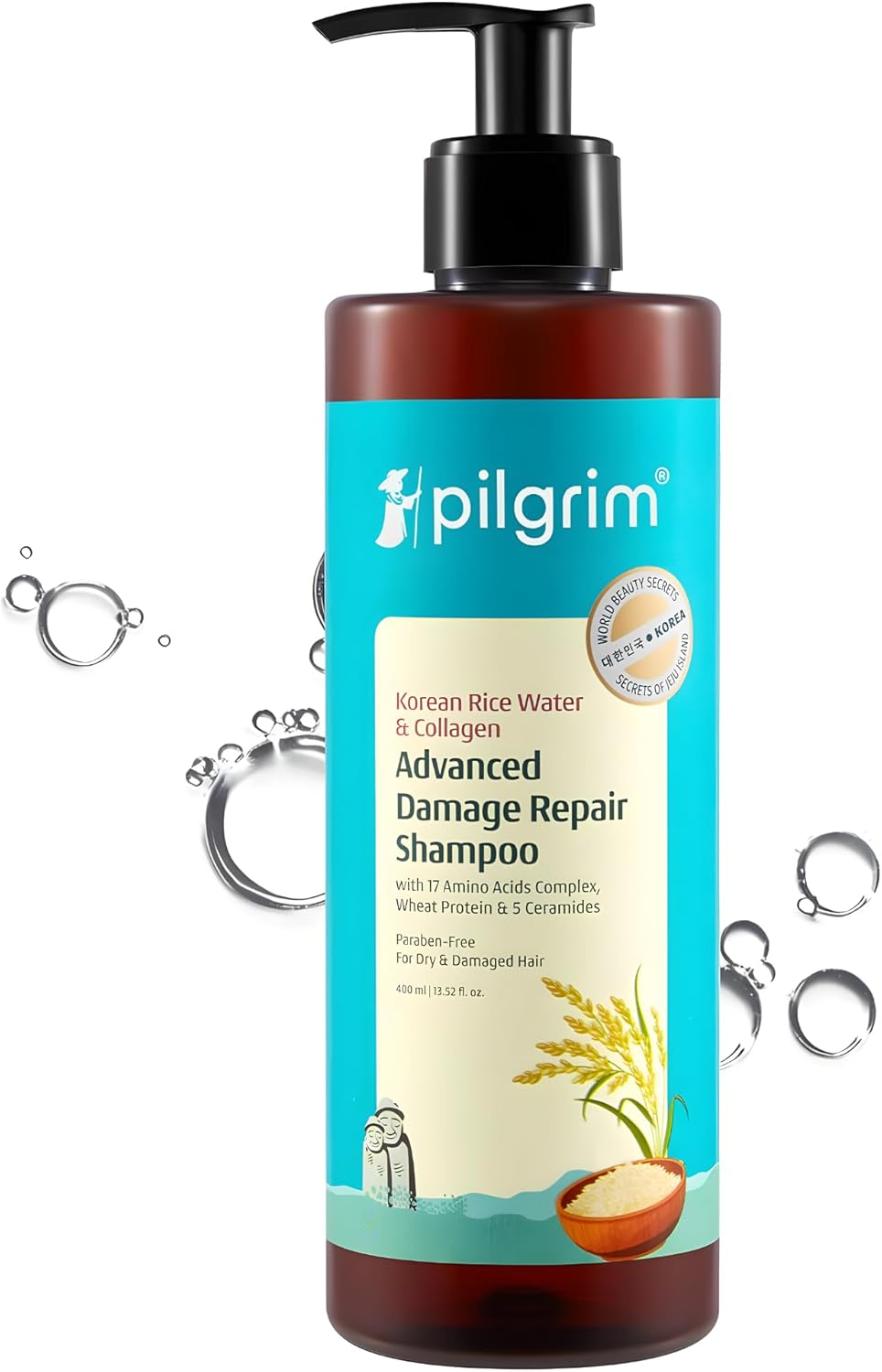 Pilgrim Korean Rice Water & Collagen Advanced Damage Repair Shampoo - 400Ml | with 17 Amino Acids, Wheat Protein & 5 Ceramides | Paraben-Free | for Dry & Damaged Hair | for Women and Men image number 1