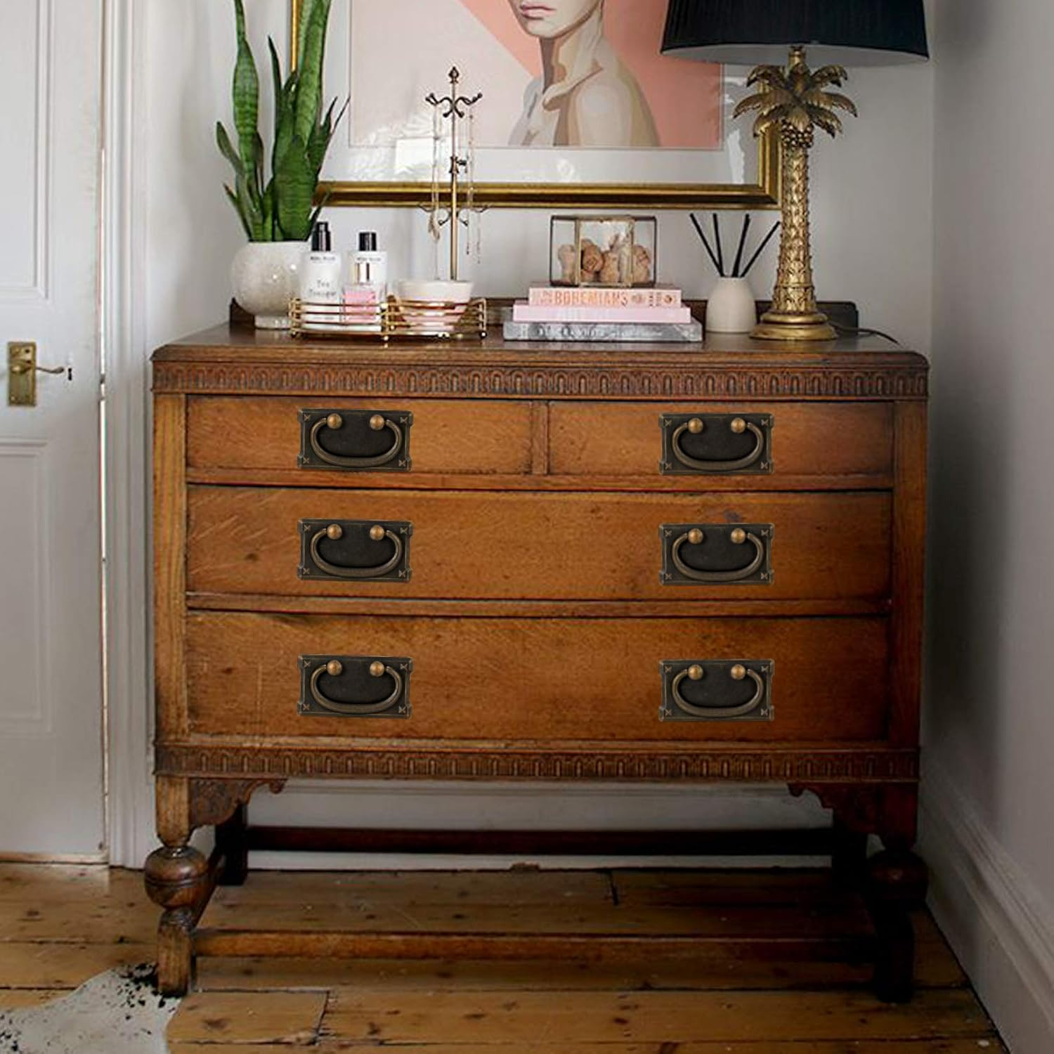 4 Pcs Drawer Pull Handles Knobs, Kitchen Cabinets Cupboard Pull Drop Knobs and Handles, Antique Furniture Door Pull Handles for Bedroom Wardrobe Dresser Drawer Cabinet Knobs Handles, 95X51Mm image number 3