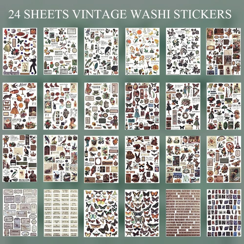Diuhofart Vintage Scrapbooking Sticker Book for Adults - 800+ Washi Journaling Stickers Ephemera Book for Junk Journal Supplies DIY Crafts Arts Decorative 24 Sheets