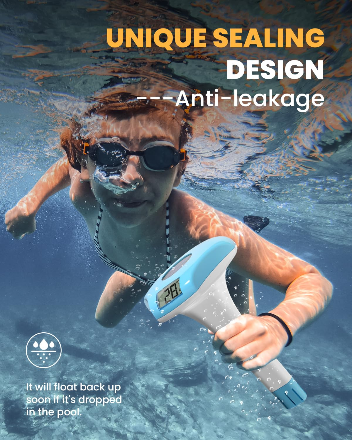 BALDR Pool Thermometer, Floating Digital, IPX8 Waterproof, Solar Powered, Easy Read, Blue - Blue image number 5