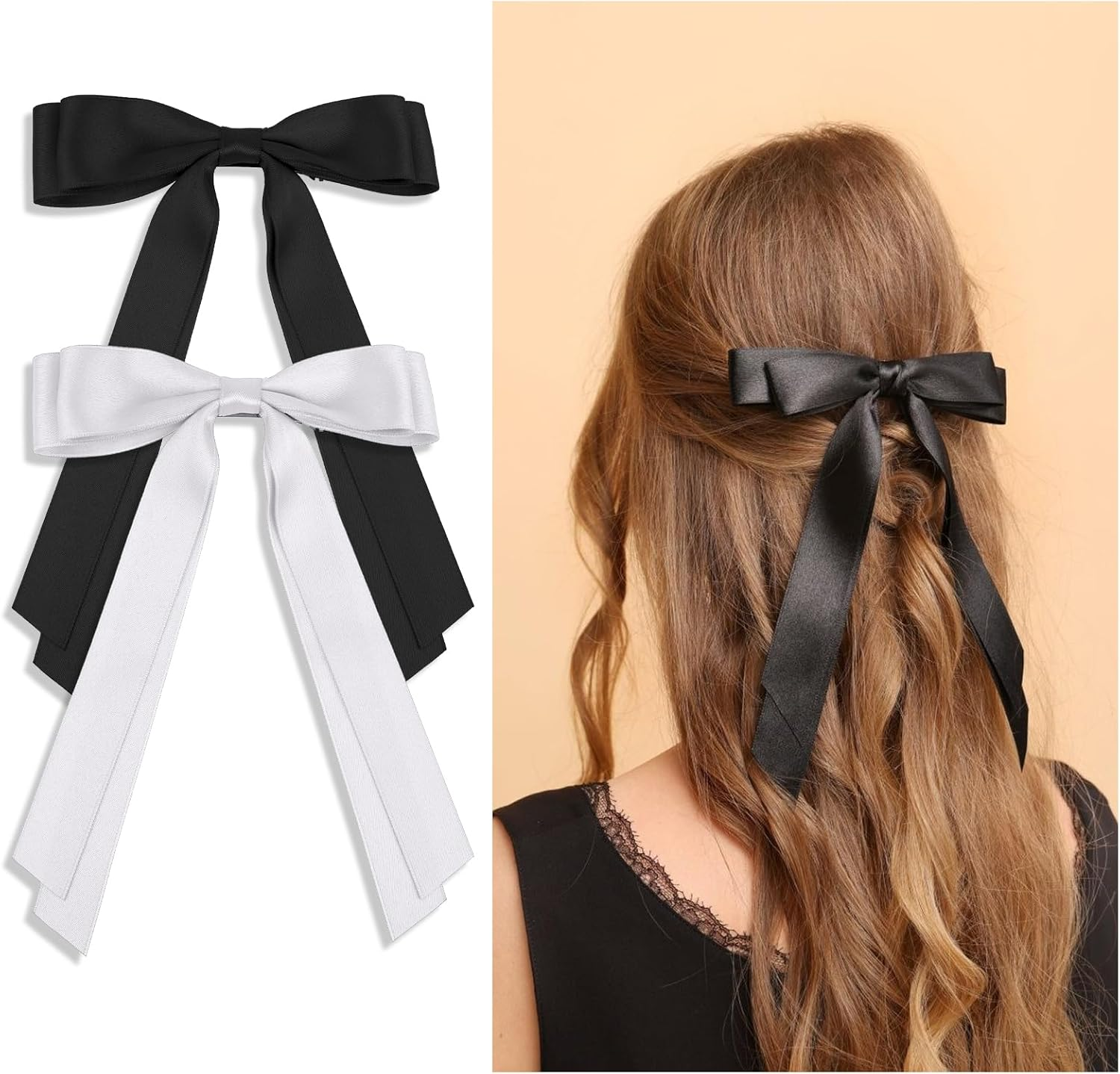 Pack of 2 Hair Bow, Elegant Hair Bow, Women'S Bow Hair, French Hair Clip Bow, Non-Slip Silky Satin Hair Bows Girls (White/Black)