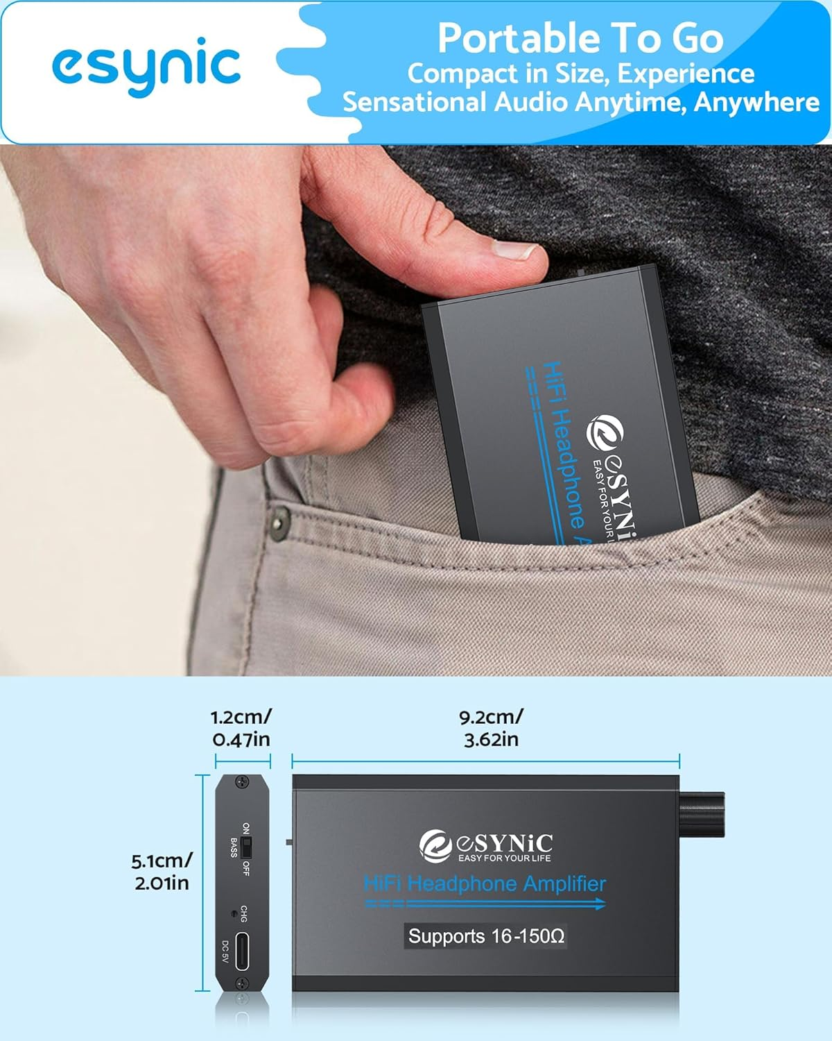 Esynic Portable Headphone Amplifier Rechargeble Audio Digital Hifi Earphone Amp 3.5Mm with Two-Stage Gain Switch, USB Cable and Aluminum Matte Surface for MP3 MP4 Phones Digital Players and Computers image number 5