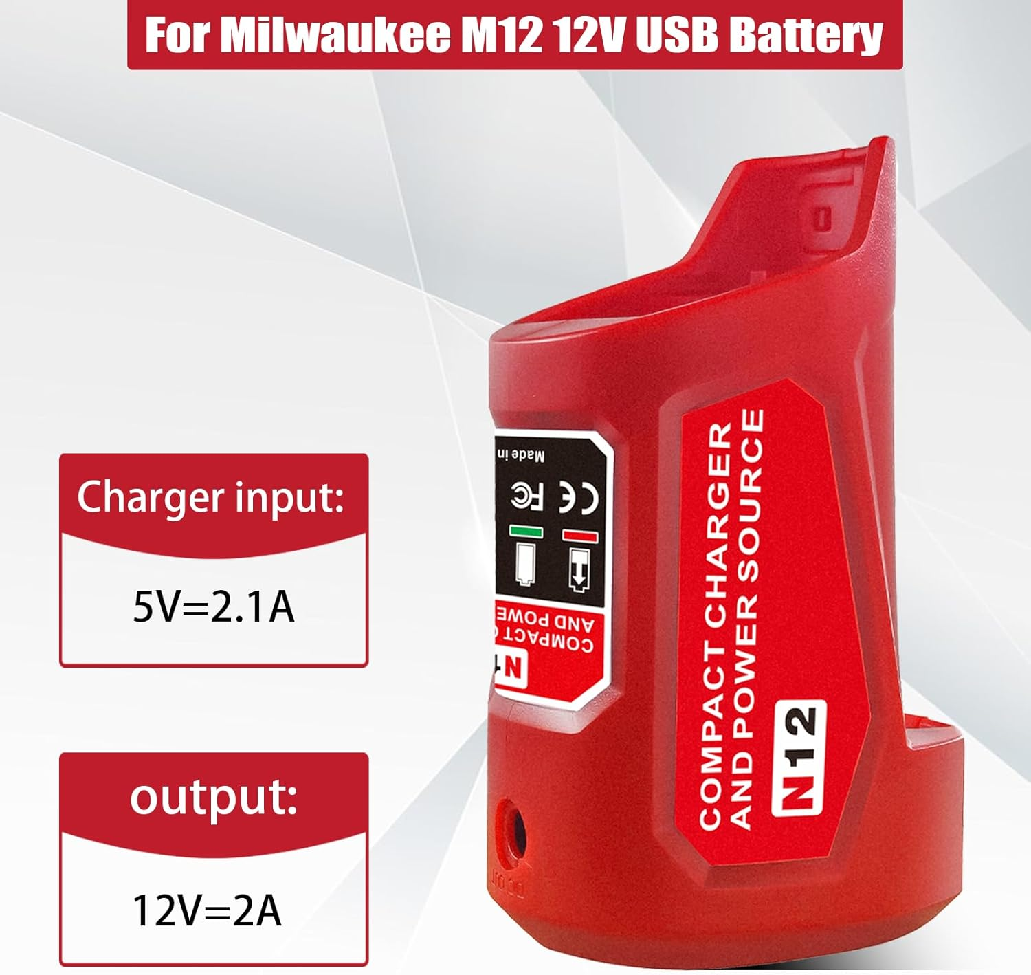 M12 12V USB Power Source Charger Adapter for Milwaukee M12 Lithium Battery, W/Type-C Input Charing Port, USB Output & DC 12 Volt Outlet for 12V Heated Jacket, Replace 48-59-1201 49-24-2310 image number 2