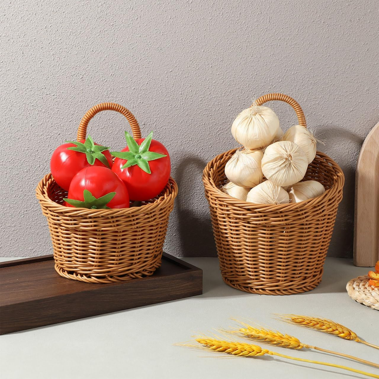 2Pcs Small Hanging Storage Baskets Plastic Pantry Wicker Woven Baskets Wall Mount Basket with Hook Decorative for Organizing Easter Egg Brown image number 5