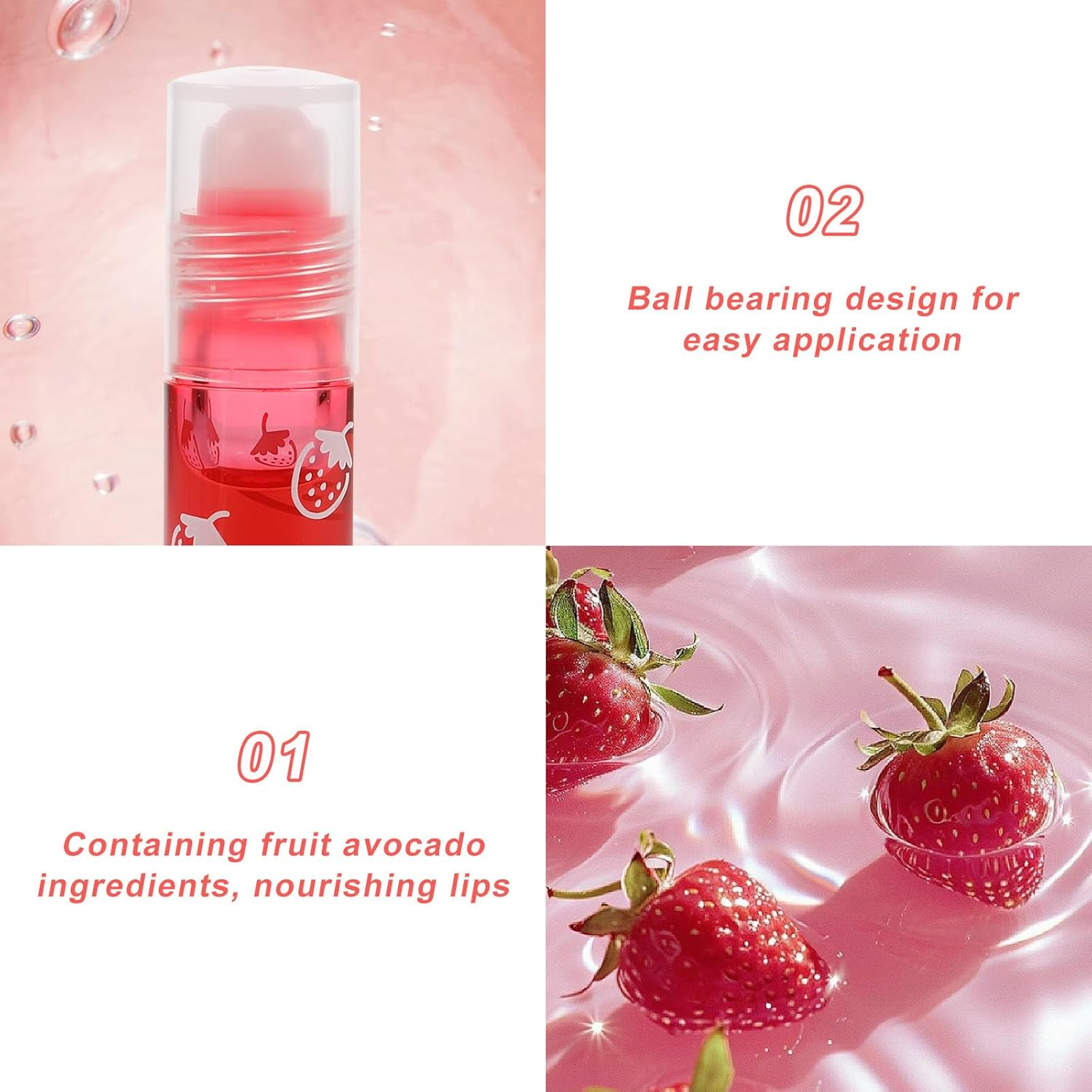 ARTSEWPLY Strawberry Flavored Roll-On Lip Oil Moisturizing Lip Balm Hydrating Fruit Oils Gloss Rollerball image number 3