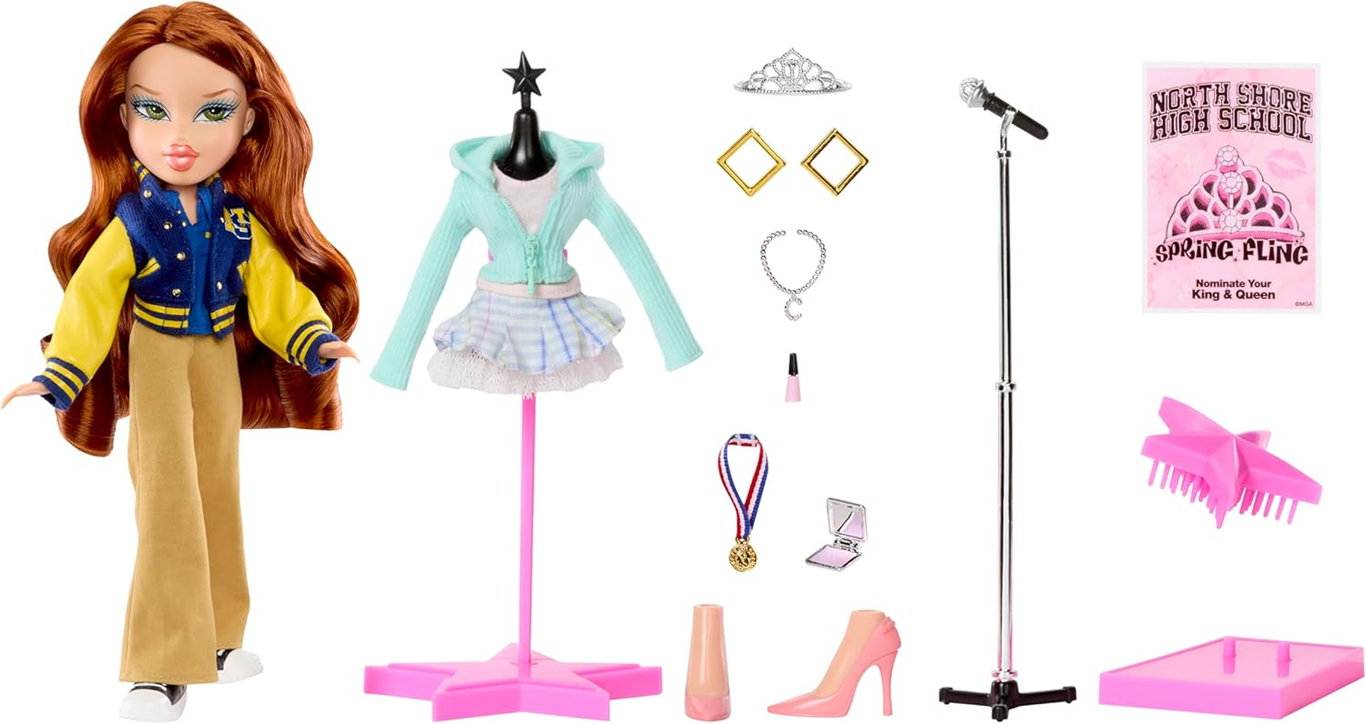 Bratz X Mean Girls Spring Fling Doll Cady &ndash; Collectable Fashion Doll with 2 Outfits, Letterman Jacket, and Movie-Inspired Accessories