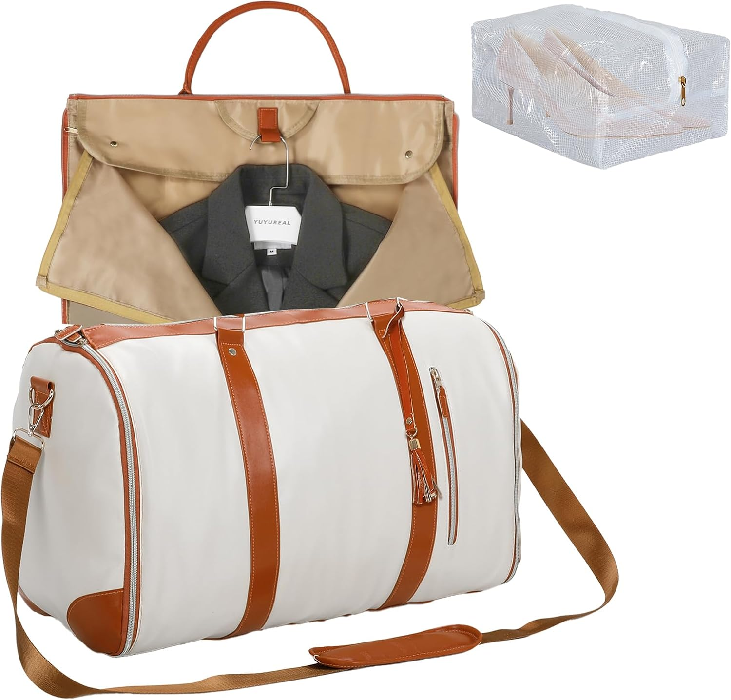 Slimbridge Carry on Garment Bag, Business Travel Bags, 2 in 1 Hanging Suitcase Suit Convertible Travel Duffel Bags, Large PU Leather Weekender Bag for Men Women, with Shoulder Strap and Shoe Bag,
