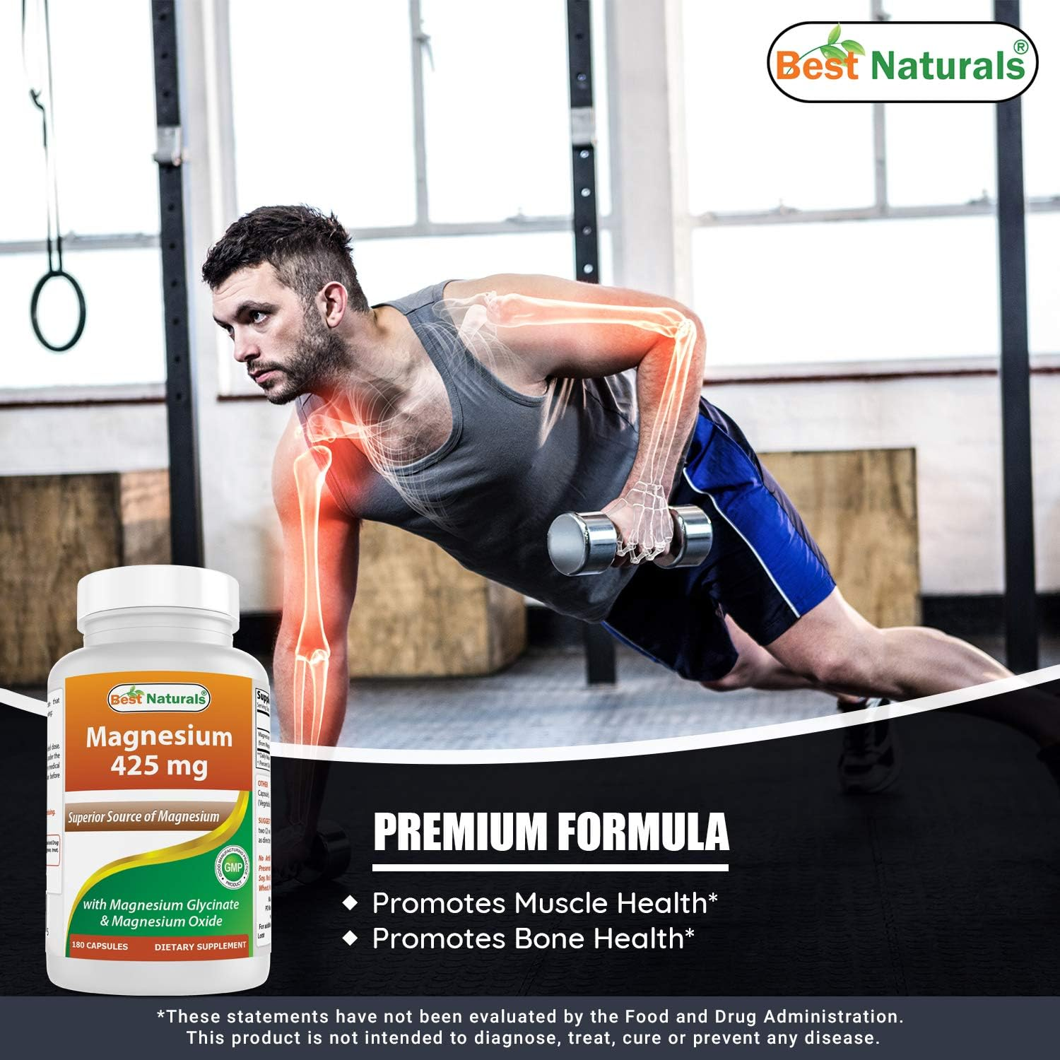 Best Naturals Magnesium 425 Mg 180 Veggie Capsules - High Absorption Magnesium Glycinate & Magnesium Oxide Chelated, Non-Gmo, Gluten Free Muscle Relax (180 Count (Pack of 2)) image number 1