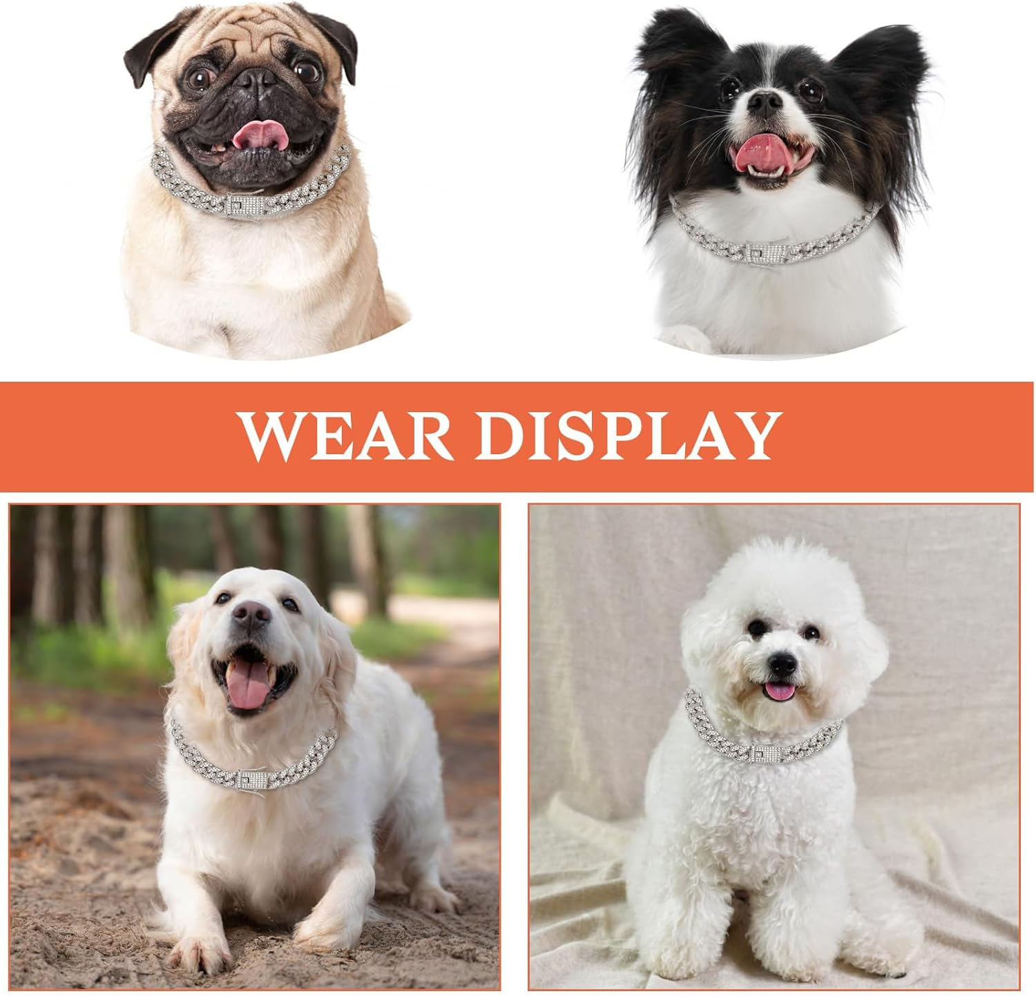 Lilbitty Silver Dog Collar Diamond Cuban Link Collar 13 Mm Wide Dog Collar Metal Cat Collar Pet Crystal Collar Jewellery Accessories 40 Cm image number 3