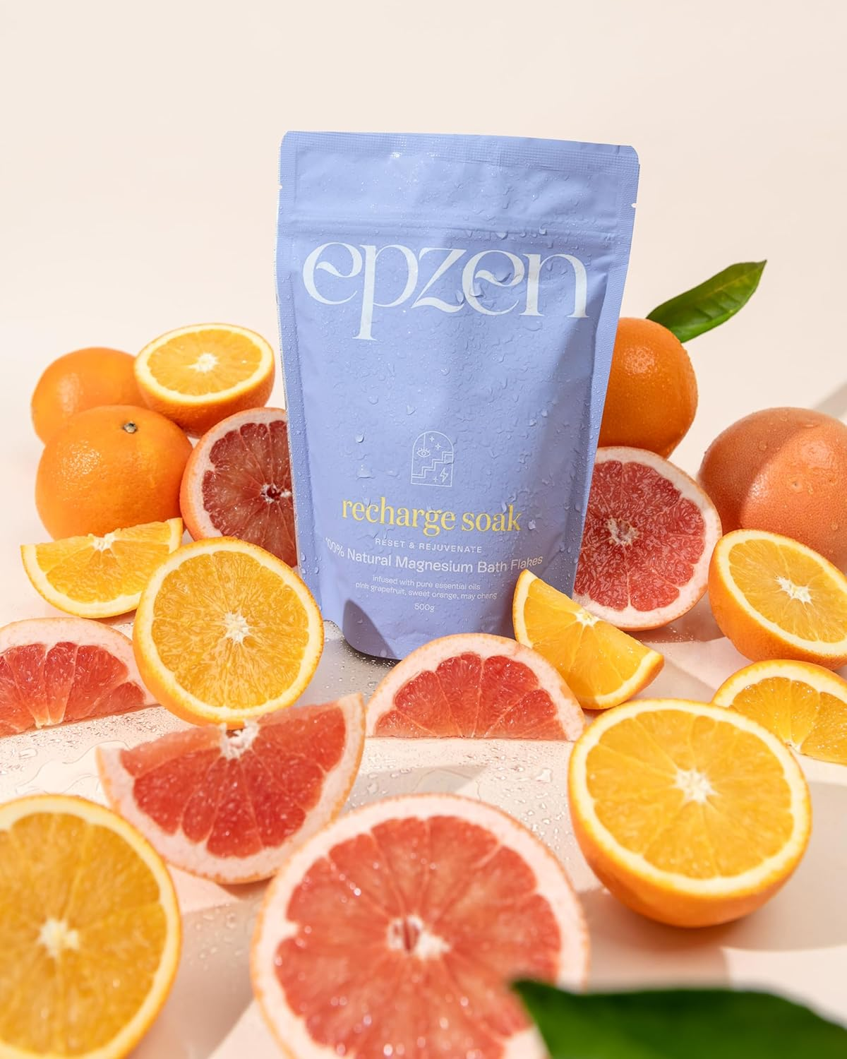 Epzen Recharge Soak Magnesium Bath Salts - Natural Epsom Salt Flakes with Grapefruit, Sweet Orange & May Chang Oils - Muscle Relaxation & Refuelling Bath Soak - 500G image number 3