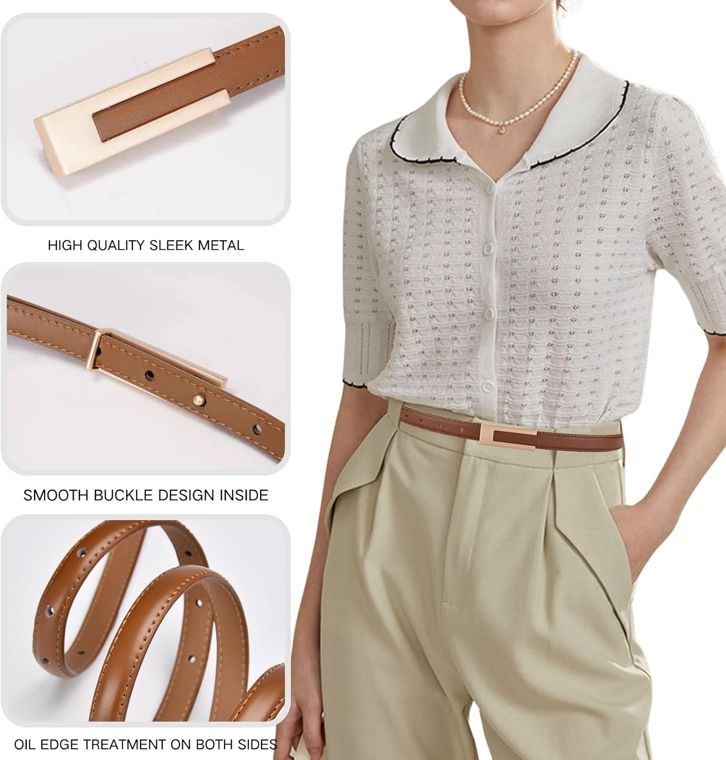 KEYRI Ladies Adjustable Leather Belts for Women Ladies Belts Retro Vintage Belt Women'S Accessories Skinny Belt for Dresse Jeans Buckle Thin Waist Belt Waist Strap Waistband - Black Brown image number 6