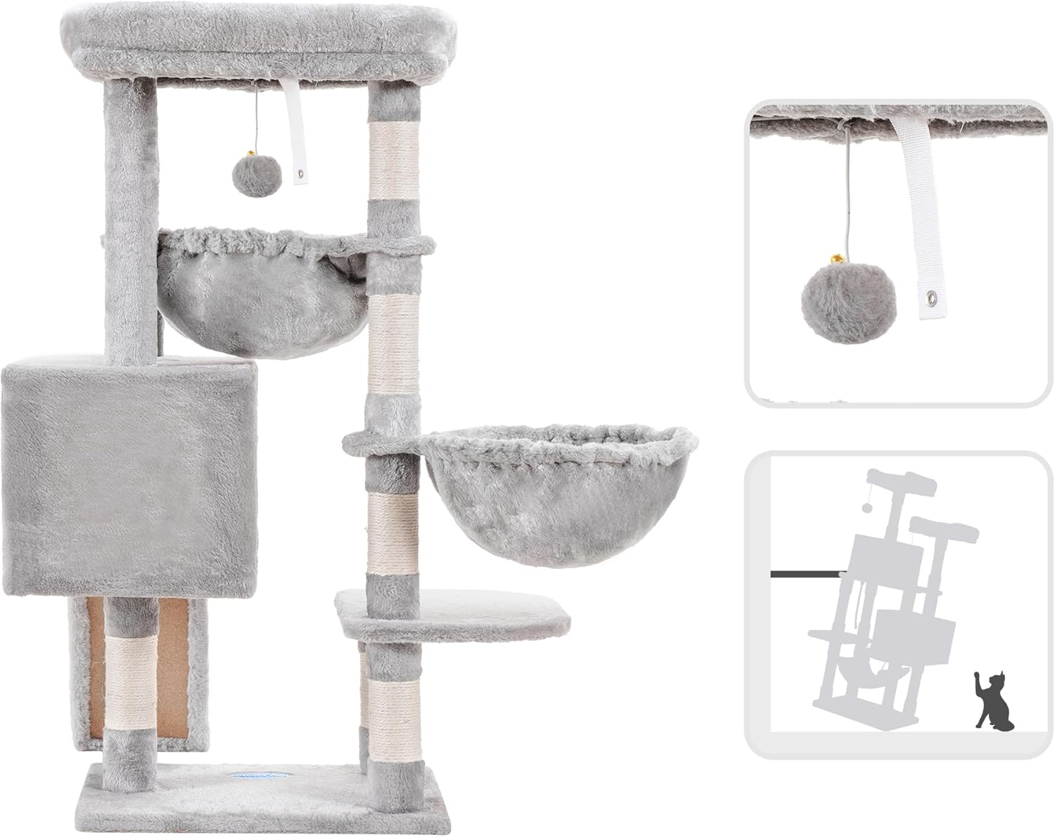 Hey-Brother Cat Tree, Cat Tower for Indoor Cats, Cat House with Large Padded Bed, Cozy Condo, Hammocks, Sisal Scratching Posts, Big Scratcher, Light Gray MPJ006SW