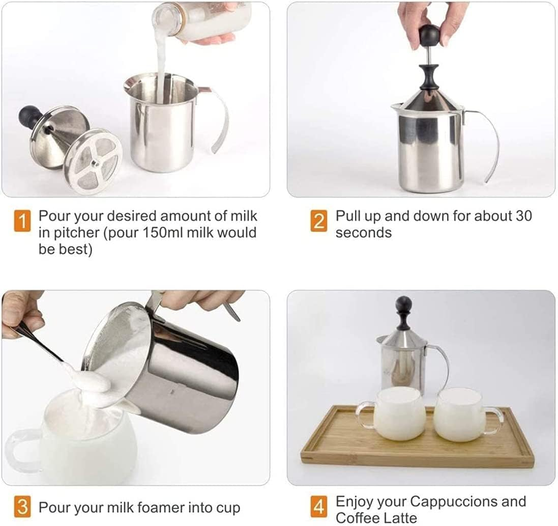 Stainless Steel Manual Milk Frother, Hand Pump Milk Foamer with Filter Screen for Cappuccino Coffee Latte Hot Chocolate, 14-Ounce Capacity (400Ml) image number 3