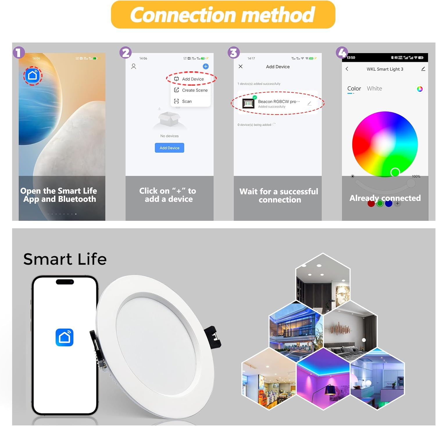 Arotelicht 10W Smart Downlight, Dimmable RGBW CCT 2700K-6500K LED Ceiling Light, Recessed 90-100Mm Cutout, Bluetooth APP Control Color Chaning Led down Lights for Ceiling image number 3