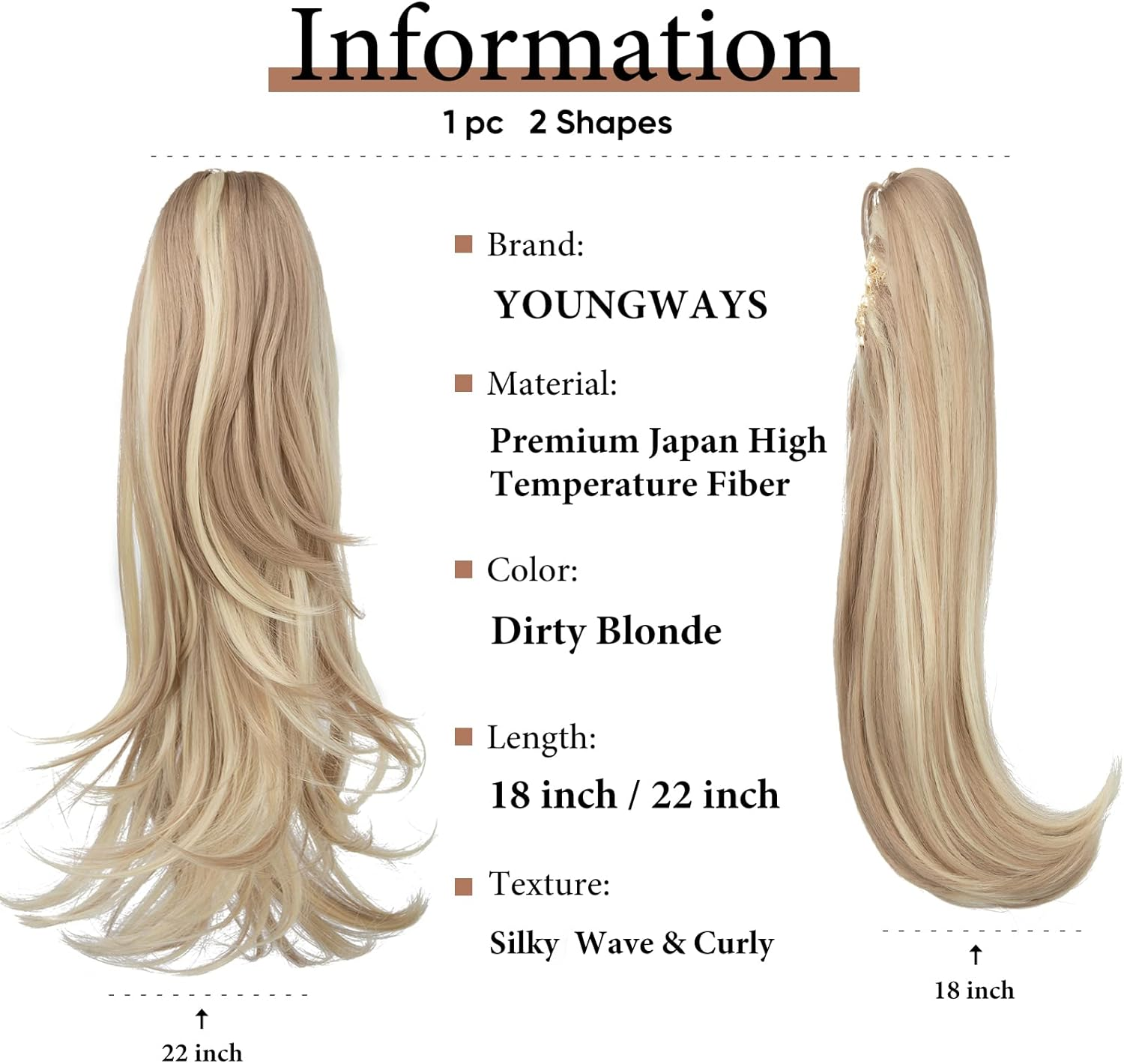 YOUNGWAYS Clip in Ponytail Extension Dirty Blonde 18 Inch Pony Tails Hair Extensions for Women Long Straight Curly Tail Ponytail Hair Piece Synthetic Fake Versatile Pony image number 1