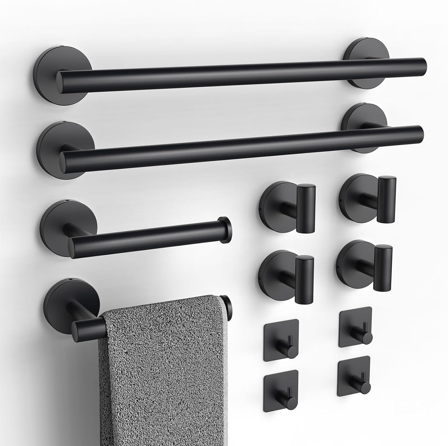 Bluefire 12-Piece Bathroom Hardware Set, Wall Mounted Bathroom Accessories Set Towel Bars for Bathroom Towel Holder Set with 2 Paper Tower Holders 2 Towel Bars 4 Adhesive Hooks 4 Towel Hooks(Black) image number 4