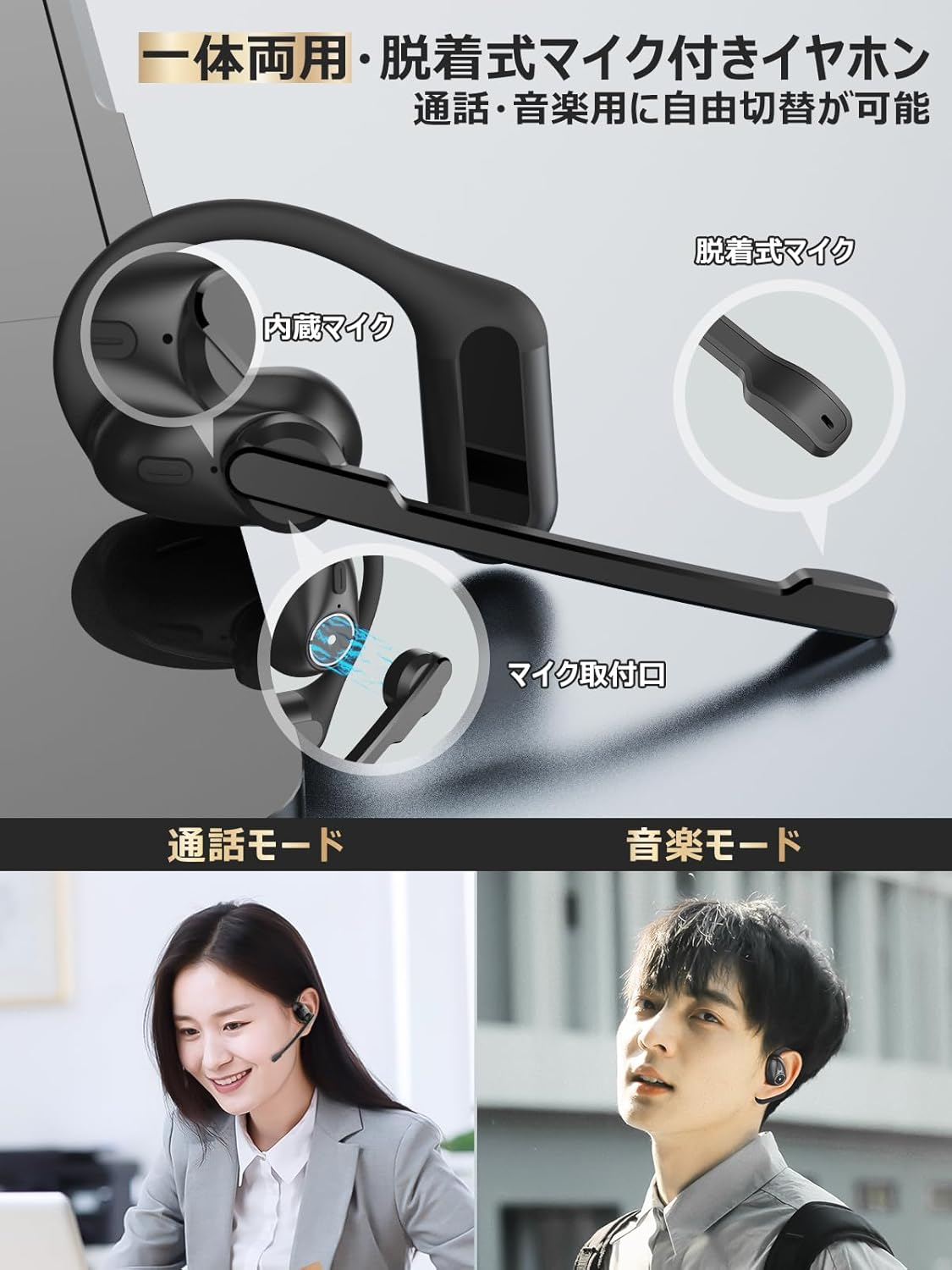 Iitrust J123-C-BLK 2024 Industry High Standard Masterpiece Bluetooth Wireless Open Ear Headset with Detachable Mic, Black image number 6