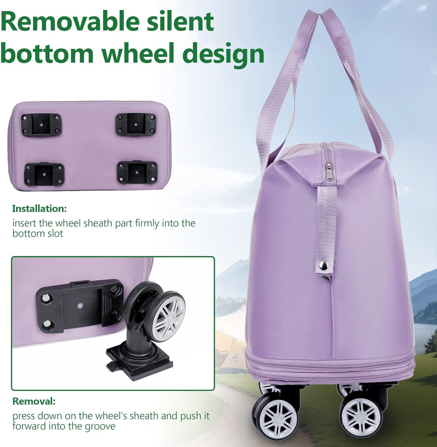 JIUSEGE Expandable Duffle Bag with Wheels &ndash; Folding Weekender Travel Tote Carry-On with Large Storage Space, Luggage Bag for Business Trips, Camping & Fitness (Light Purple)