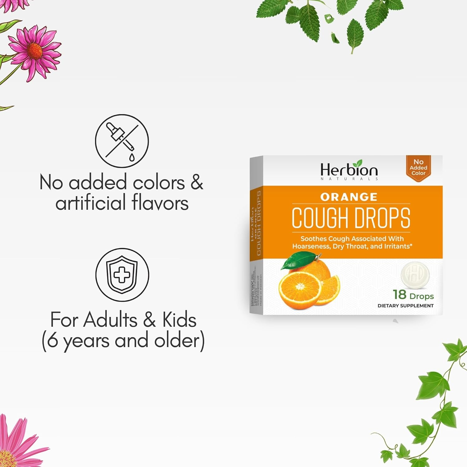 Herbion Naturals Cough Drops with Natural Orange Flavor, Dietary Supplement, Soothes Cough, for Adults and Children over 6 Years, 18 Drops, No Artificial Flavor, No Added Color. image number 4