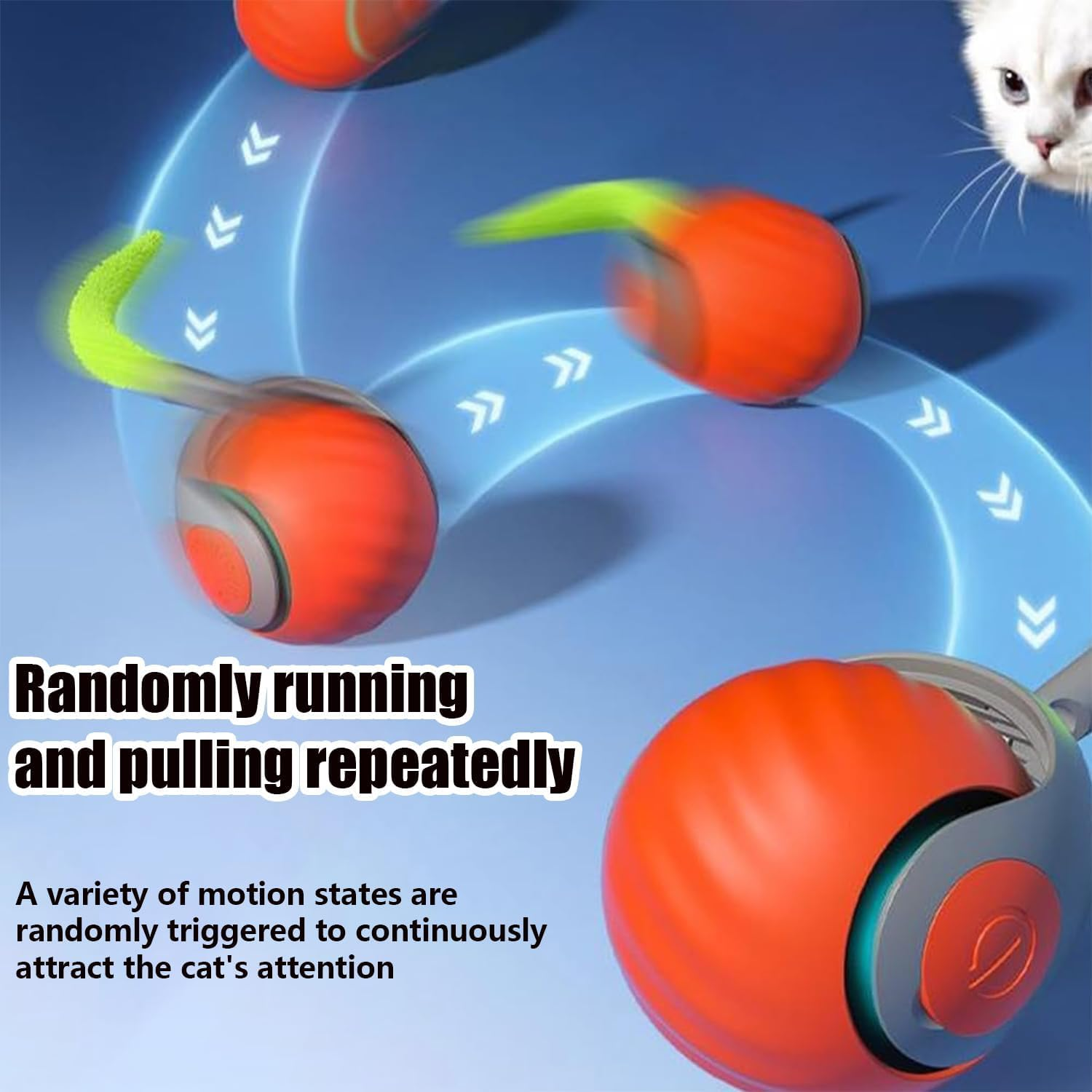 Speedy Tail Cat Toy, New Generation Interactive Cat Toy, Smart Interactive Cat Toy Ball, Speedy Tail 2.0, Two Speed Adjustment, Automatic Moving Cat Toy Ball with Tail, Mix, Orange+Blue image number 4