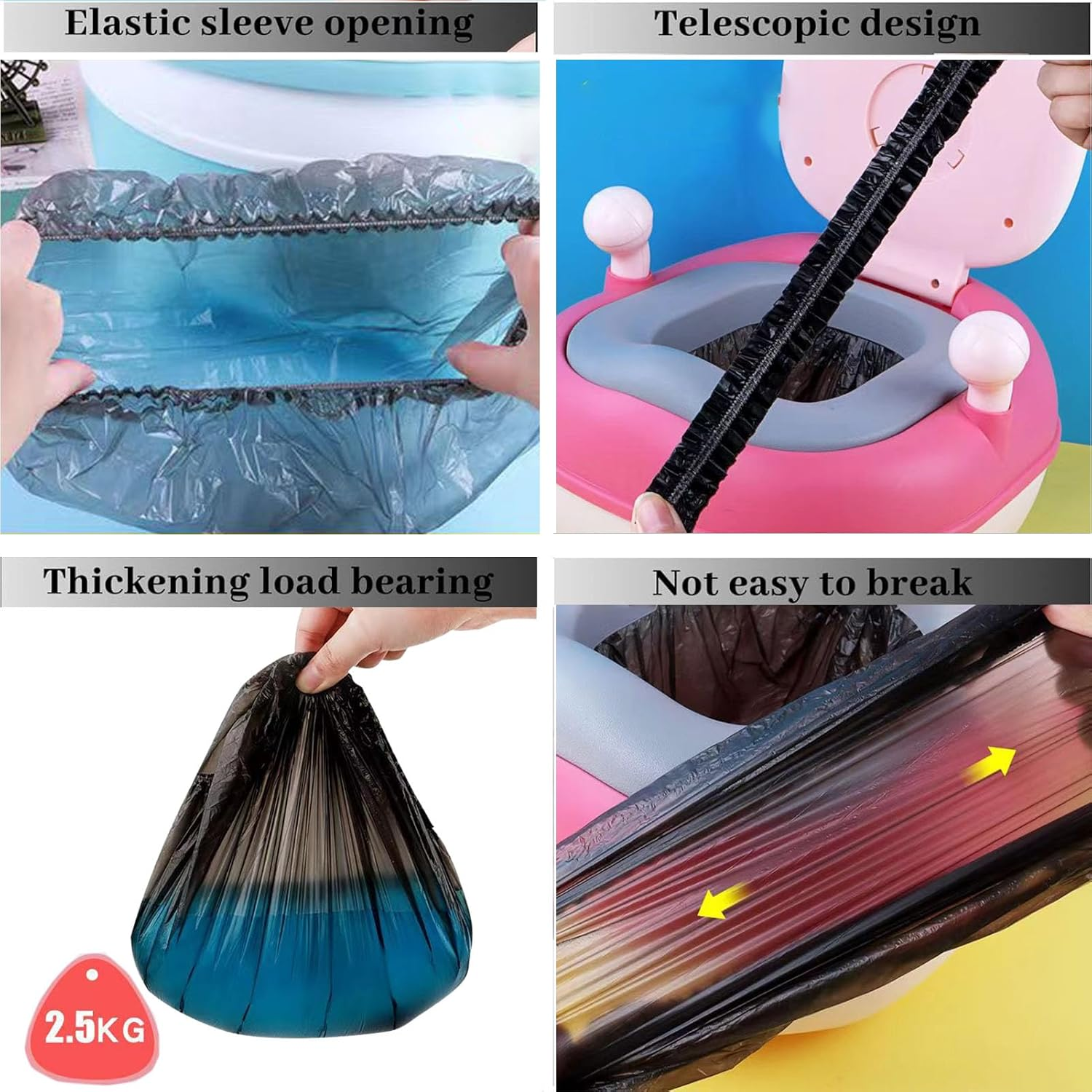 MIUPOO Potty Chair Liners with Elastic, Portable Potty Training Bags, Potty Refill Liners Disposable for Toddlers Kids and Baby,Toilet Seat Cover,100 Pieces,19X8 Inches,Black - Black image number 6