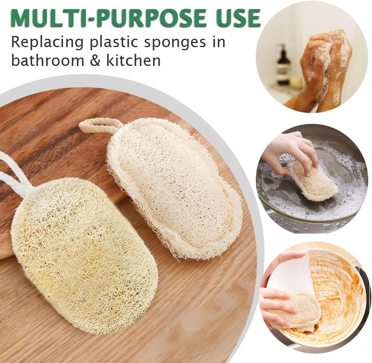 Natural Loofah Sponge for Bath & Kitchen - Double Layer Exfoliating Scrubber, Eco-Friendly Plant Fiber Body & Dish Scrub Pad, 2-Pack in Paper Bag (12X8Cm) image number 1