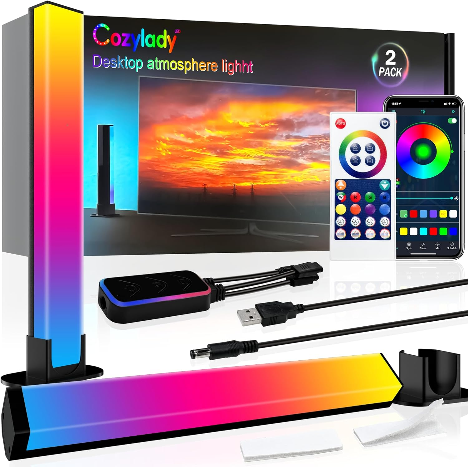 Cozylady LED Light Bars, 11Inch RGB TV Backlight, 2Packs Music Sync LED Lamps 28Cm with Rainbow Multiple Lighting, Dimmable LED Desk Lights for Gaming Movies PC TV Room Decoration Room image number 2