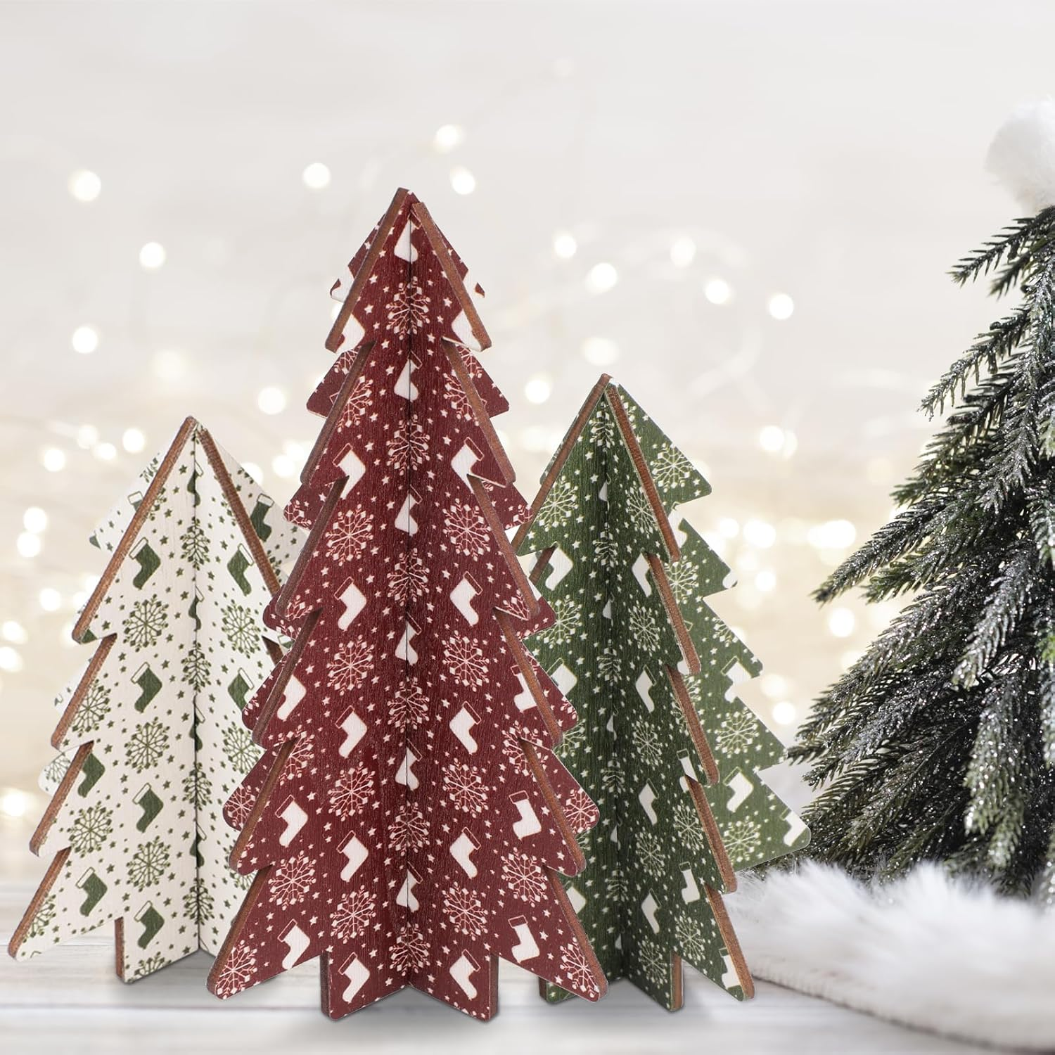 3Pcs Christmas Tree Table Decor, 3D Christmas Tree Tabletop Decorations Christmas Tree Centerpiece Wooden Signs Elk & Snowflakes Christmas Tree for Xmas Home Shelf Party Favors (3 Styles) image number 1